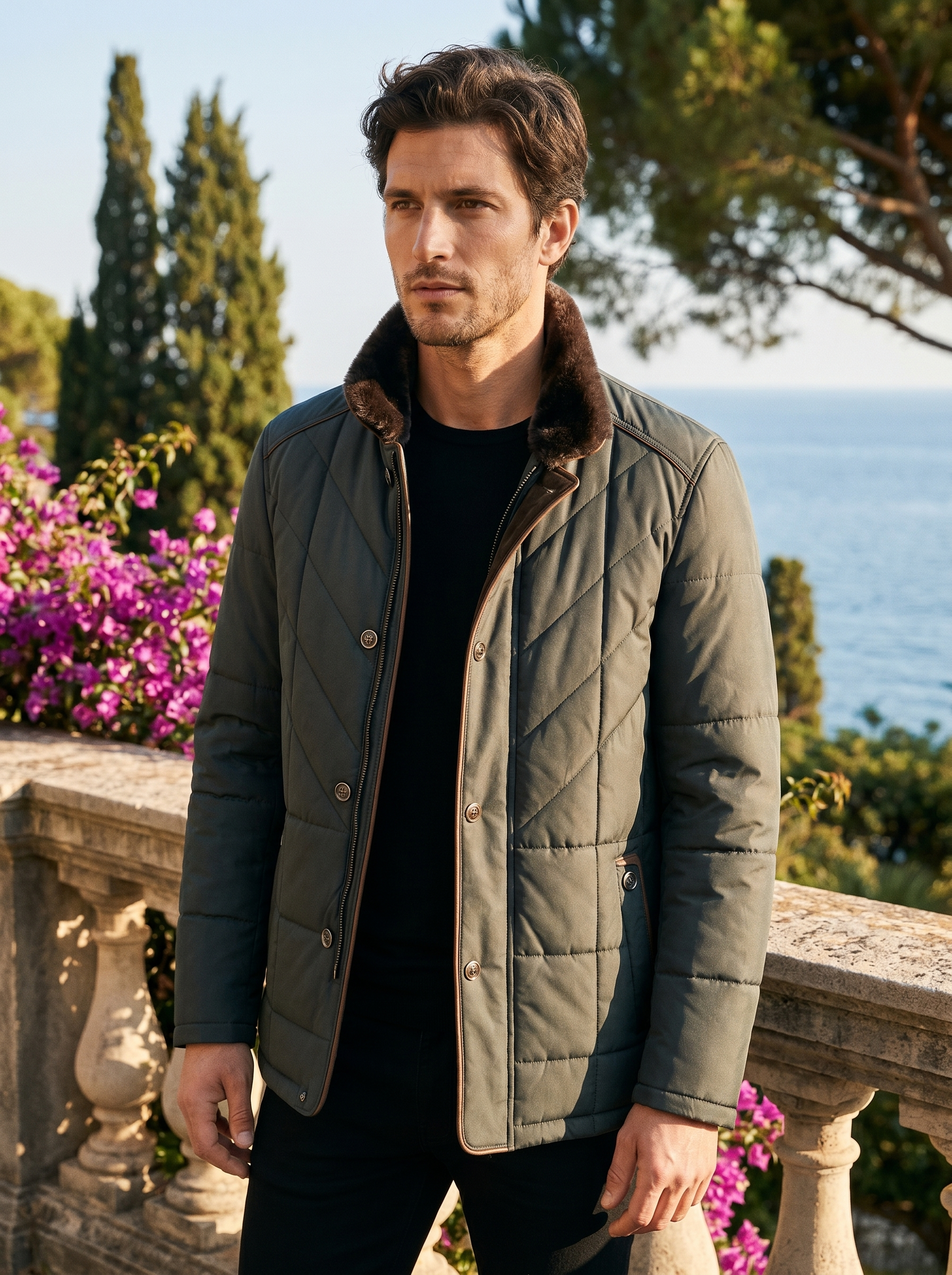 Dark gray quilted coat for men, Lake Como editorial shot showing the corduroy collar — Aveloire