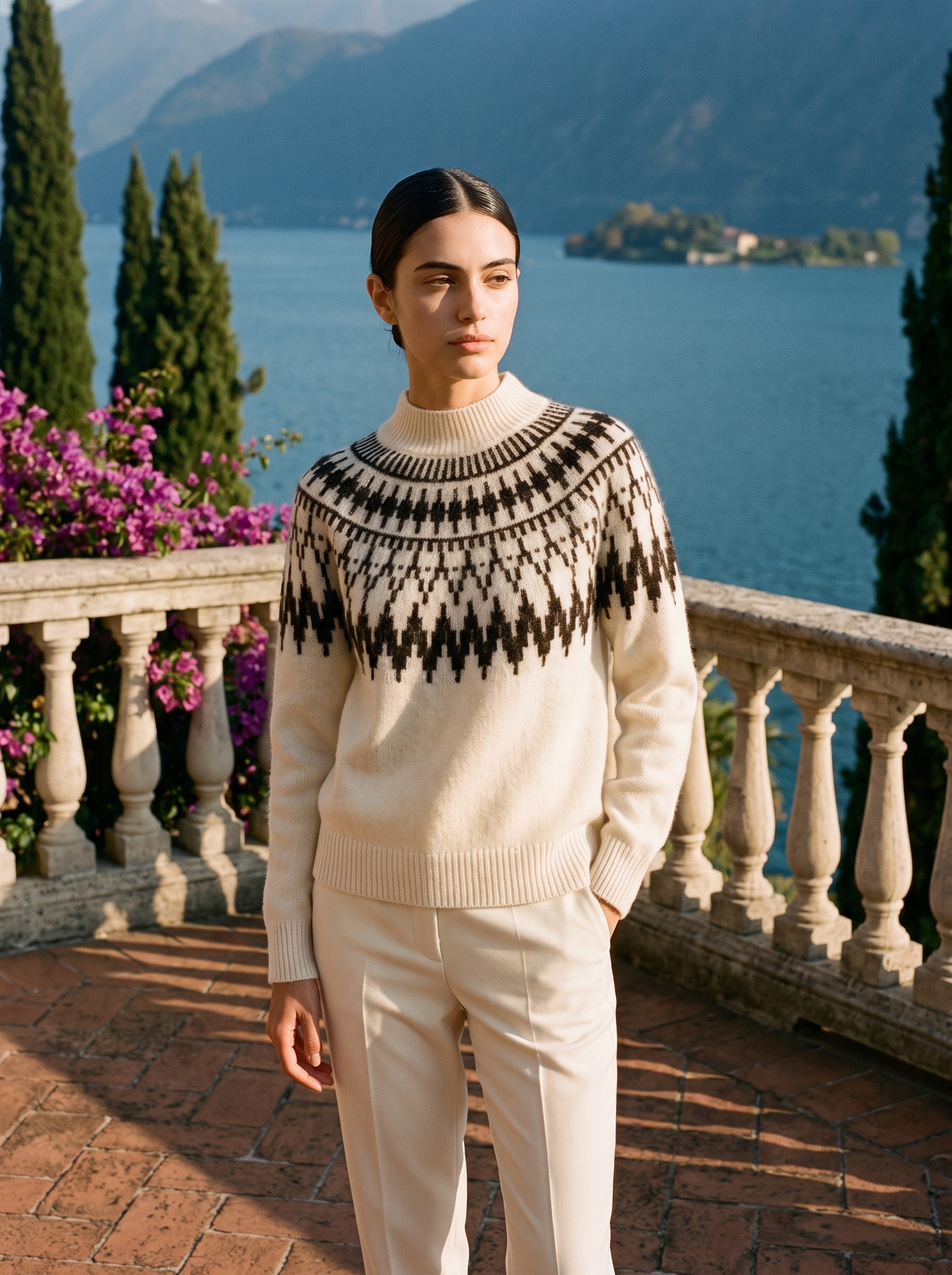 Woman in a cream Fair Isle jumper, full-length front view on a Lake Como terrace — Aveloire