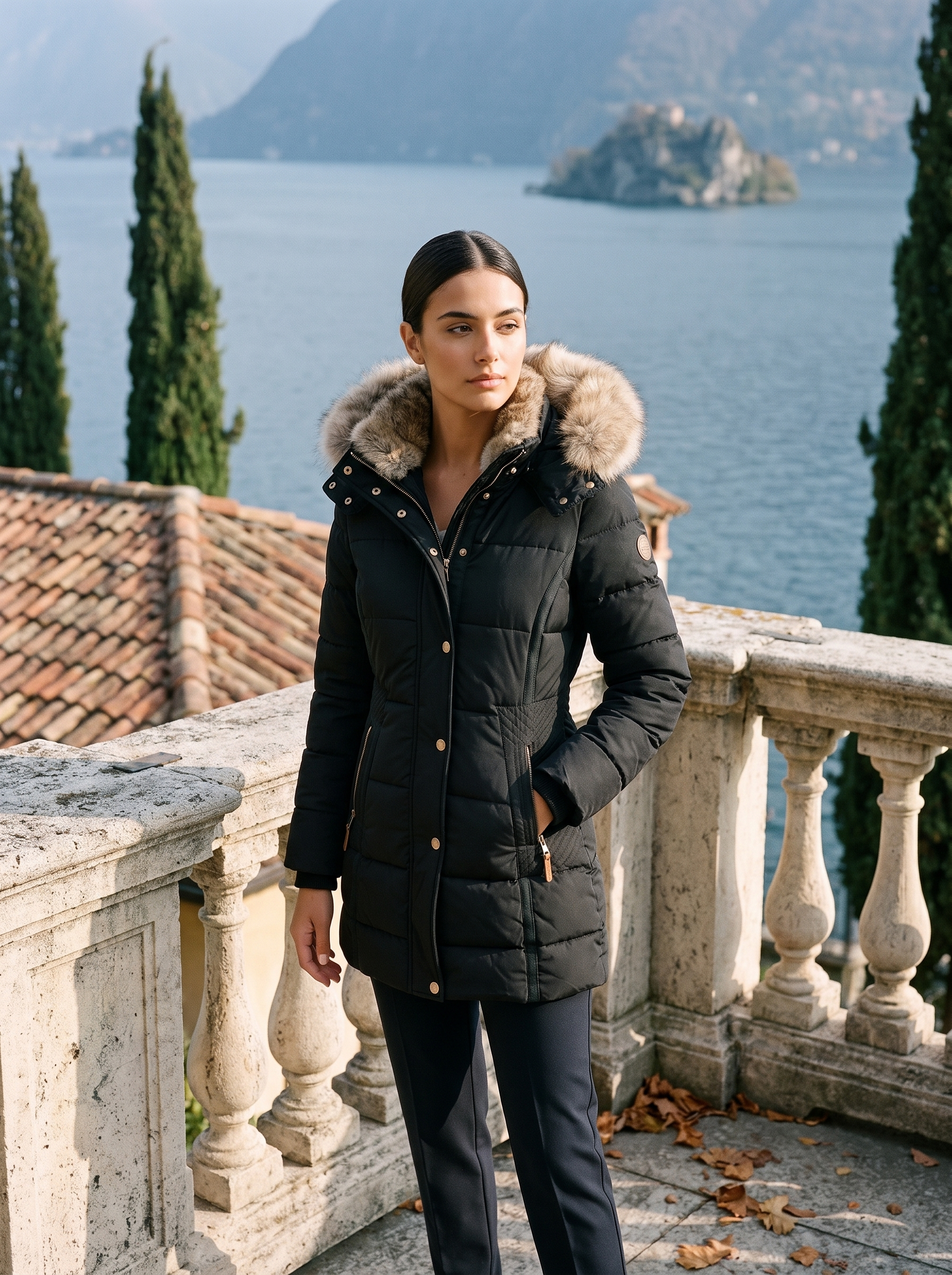Black long puffer coat for women, front product shot with the faux fur hood — Aveloire