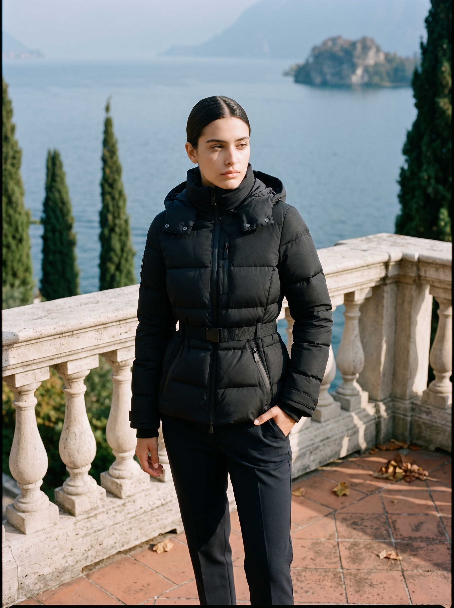 Black belted puffer coat for women, front product shot — Aveloire