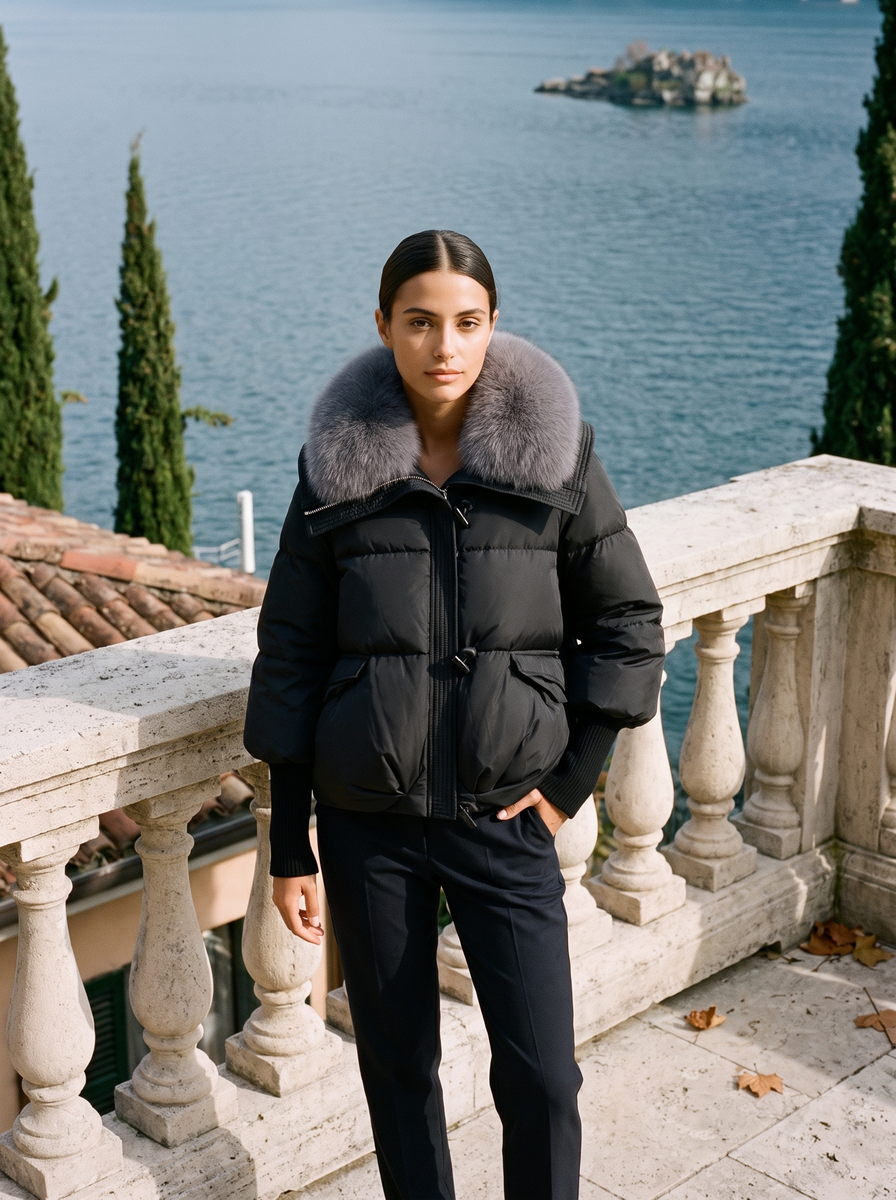 Black faux fur collar puffer jacket for women, cropped front product shot — Aveloire