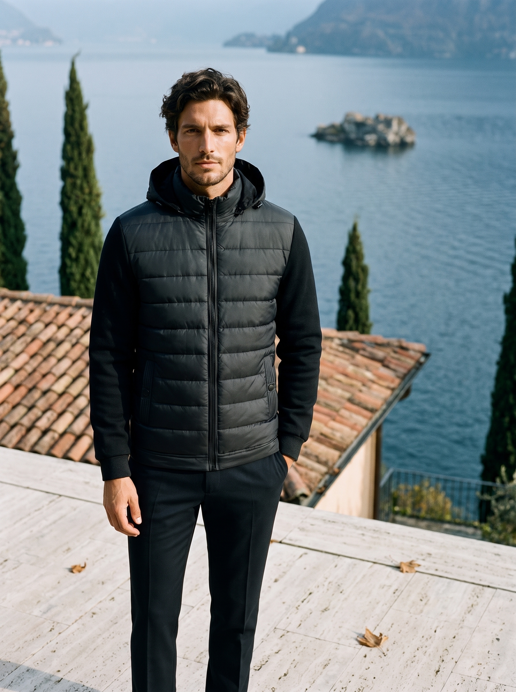 Black down puffer jacket for men, full length front view — Aveloire