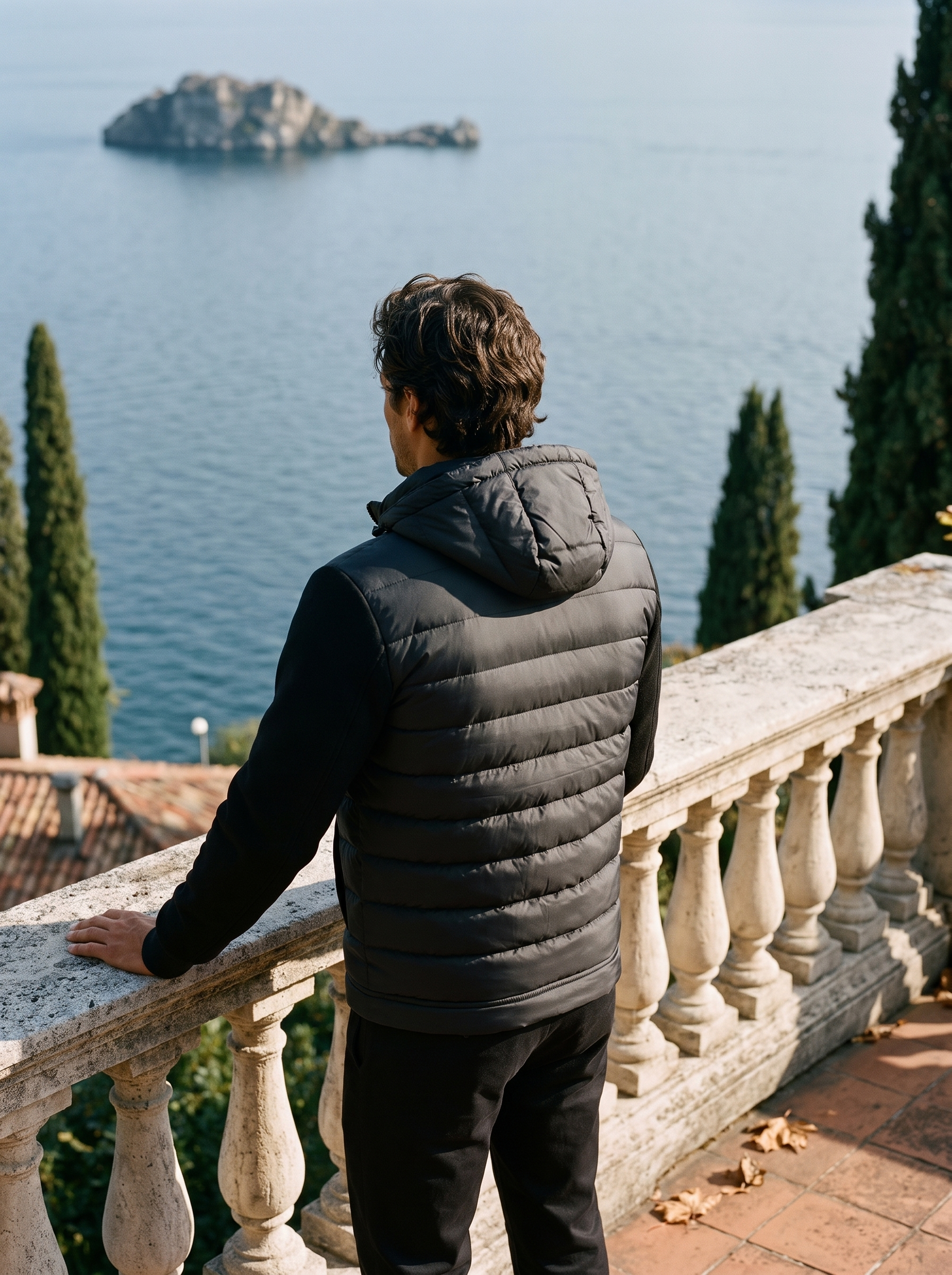 Black down puffer jacket for men, back view showing the hood — Aveloire