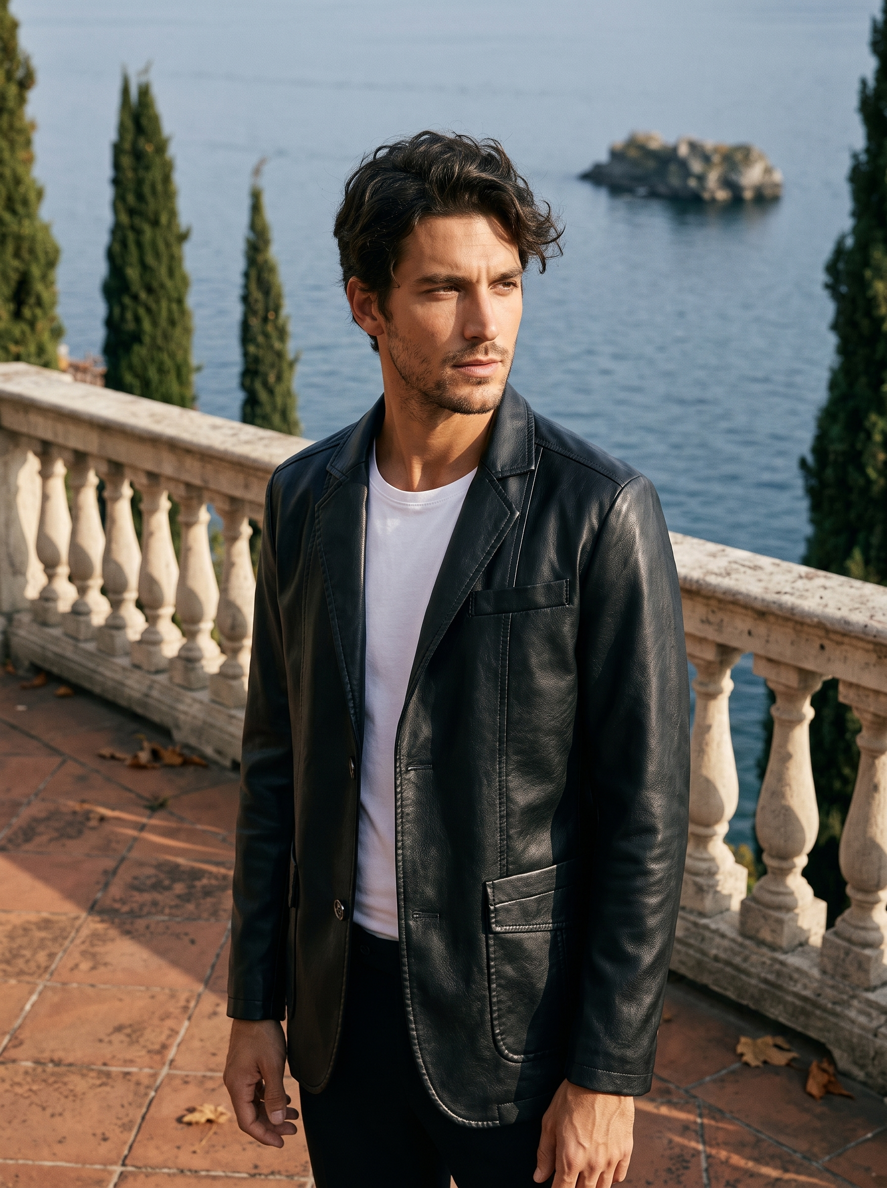 Black leather blazer jacket for men, worn on a Lake Como terrace — Aveloire