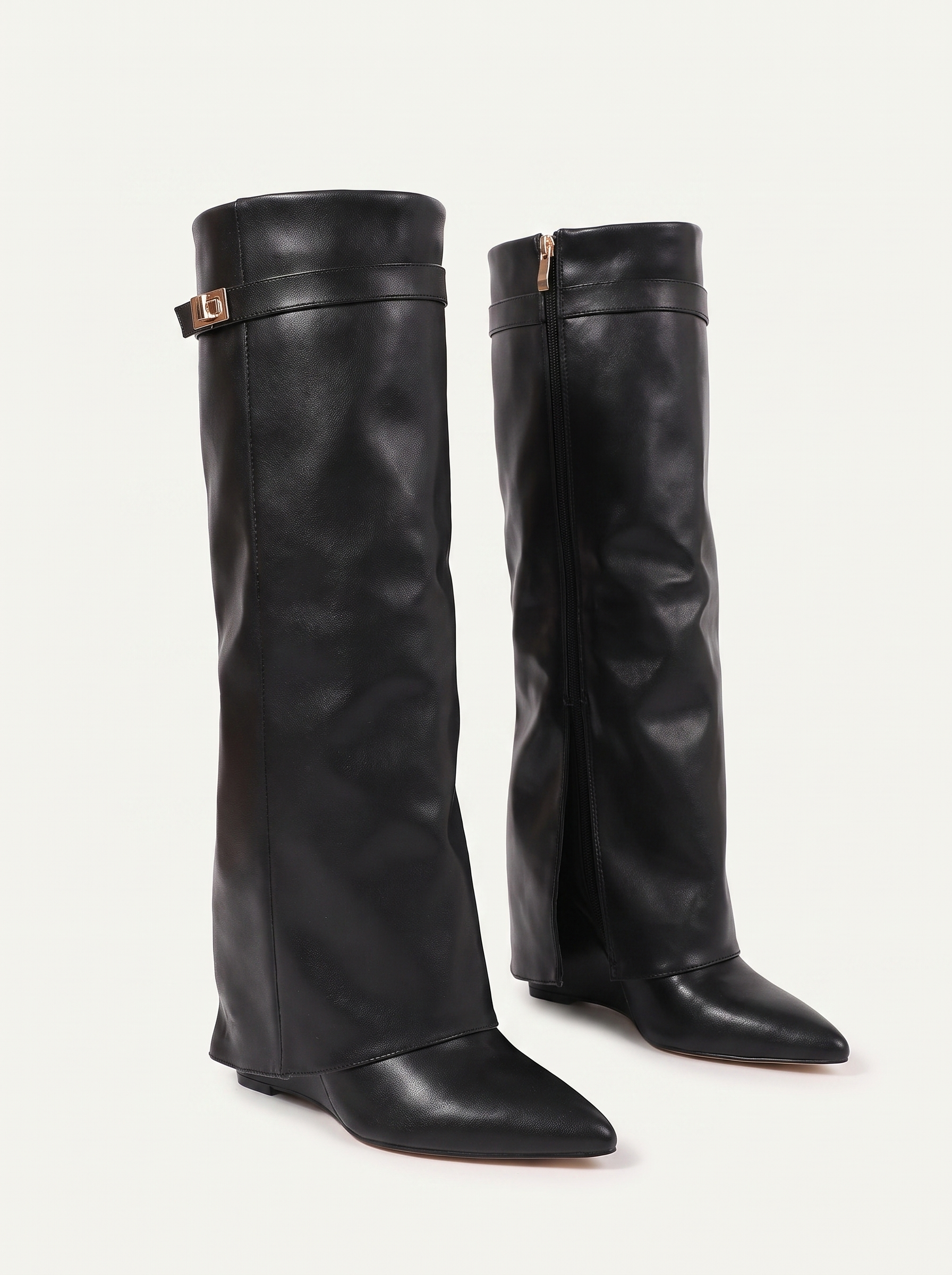 Black knee high wedge boots for women, pointed toe and side zip, product shot — Aveloire