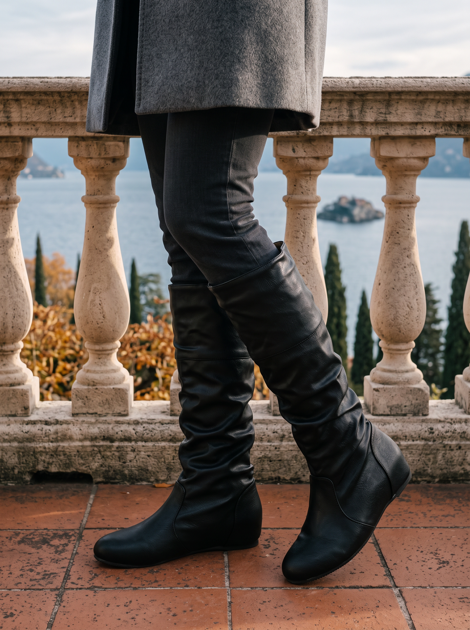 Black knee high boots for women, low block heel and buckle strap detail — Aveloire