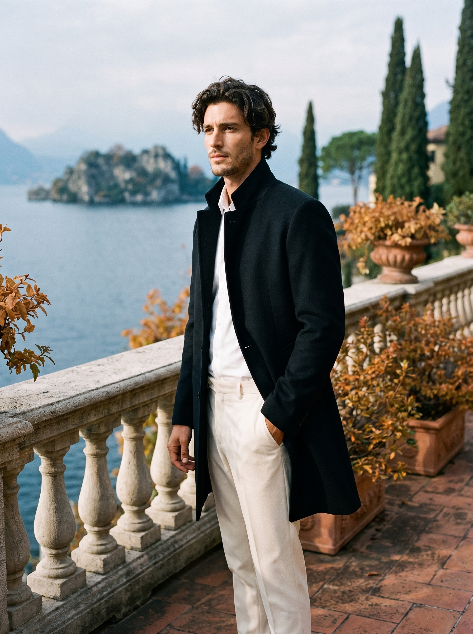 Black stand collar overcoat for men, full length front view — Aveloire