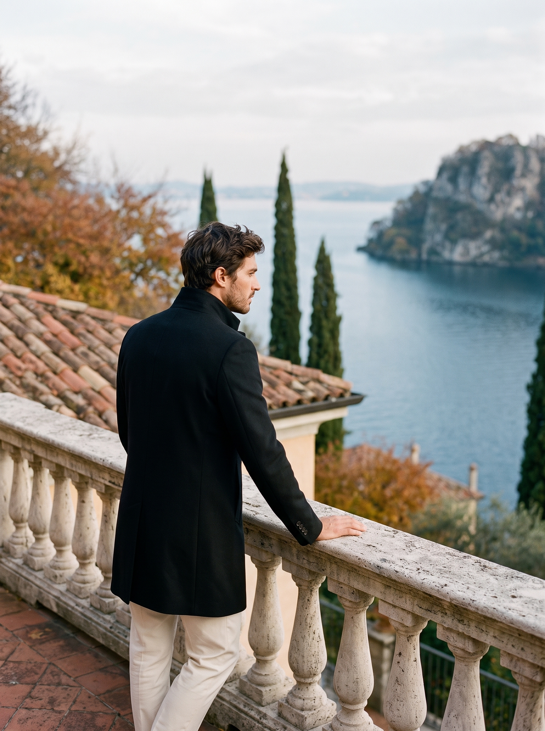 Black stand collar overcoat for men, back view — Aveloire