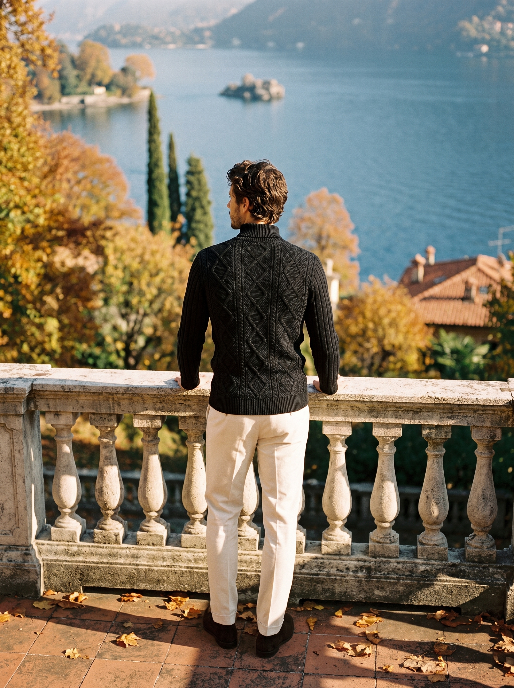 Black cable knit mock neck sweater for men, back view - Aveloire