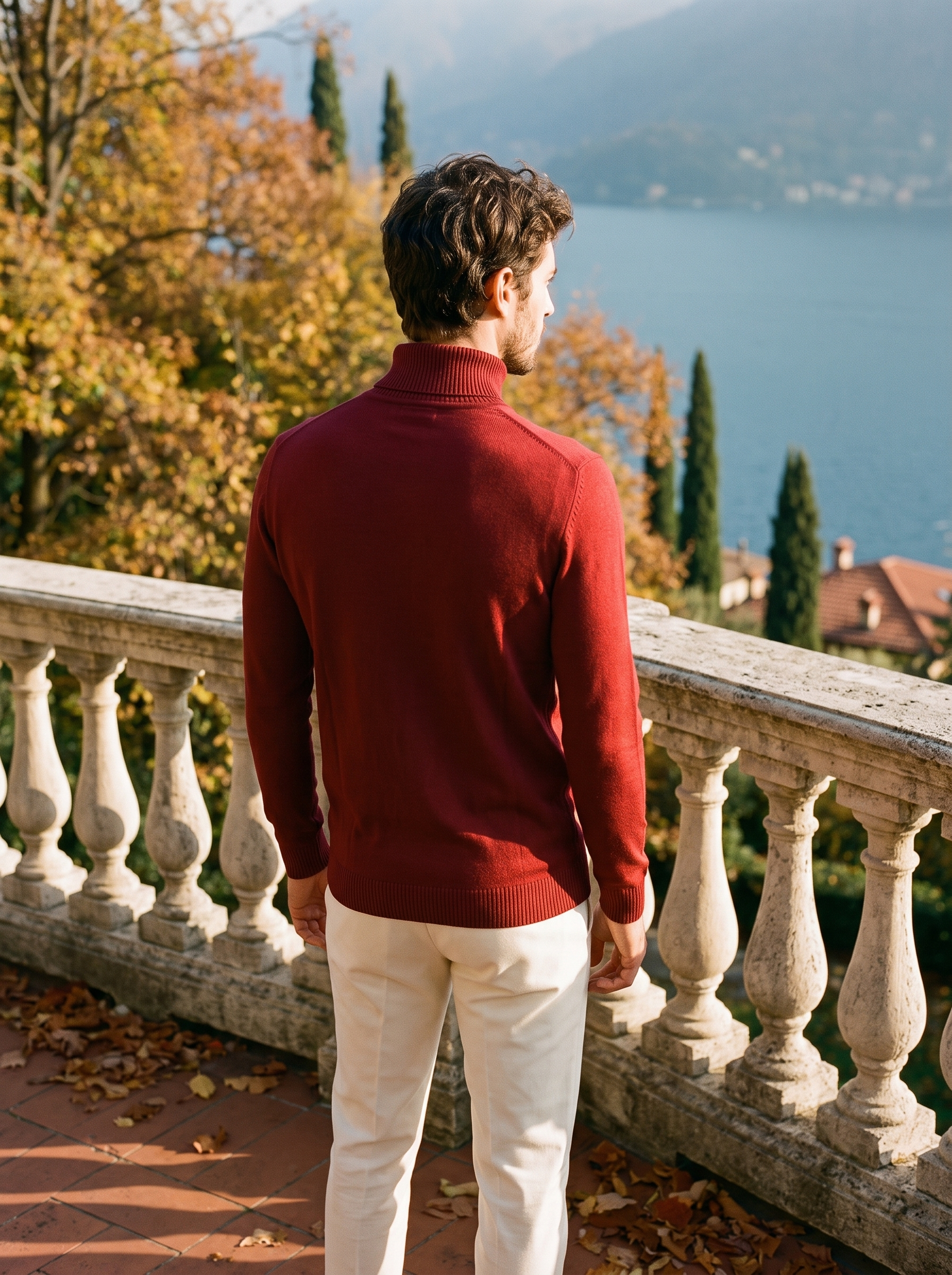 Red wool turtleneck sweater for men, back view — Aveloire