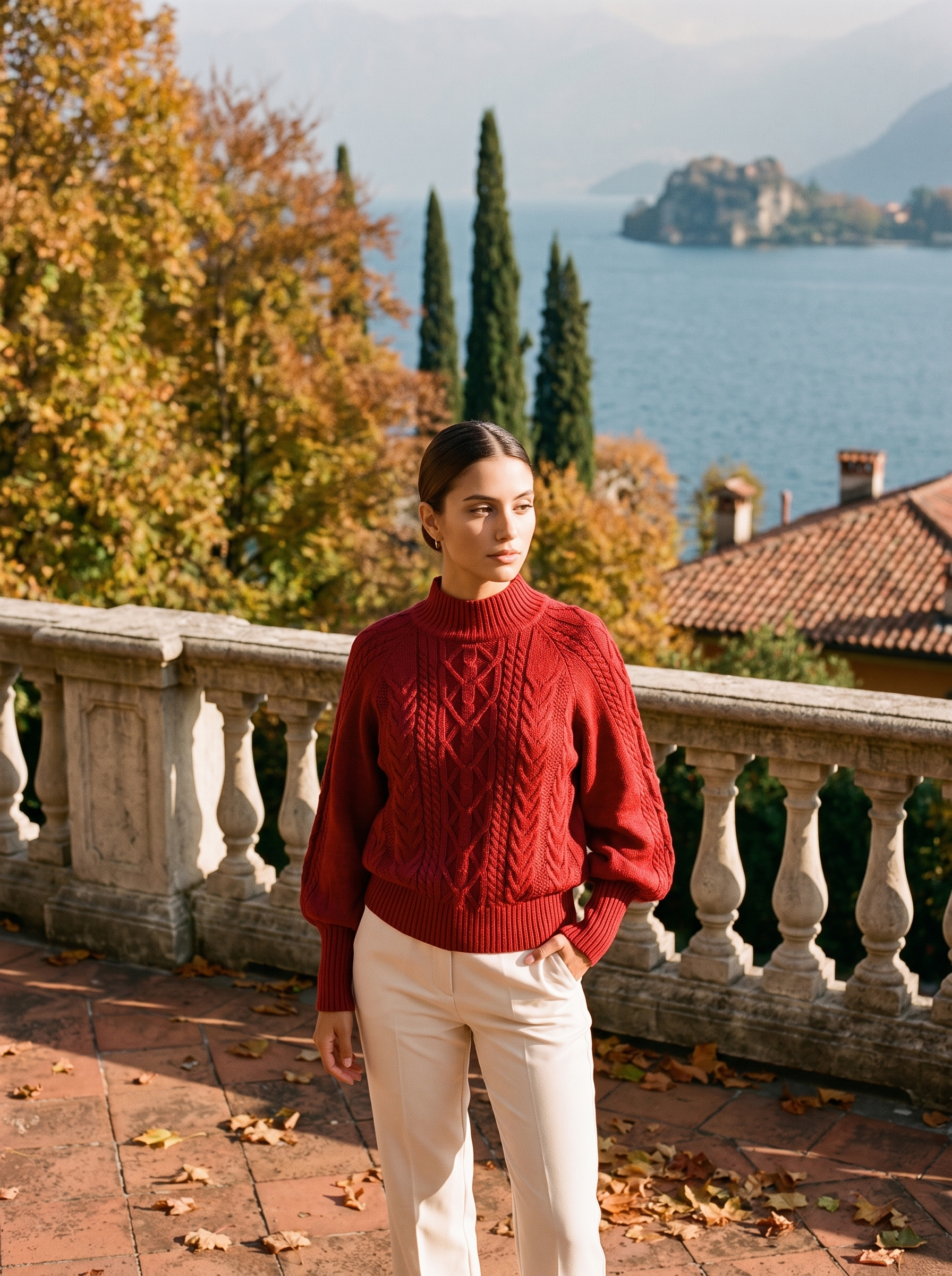 Red cable knit mock neck sweater with puff sleeves, front view — Aveloire