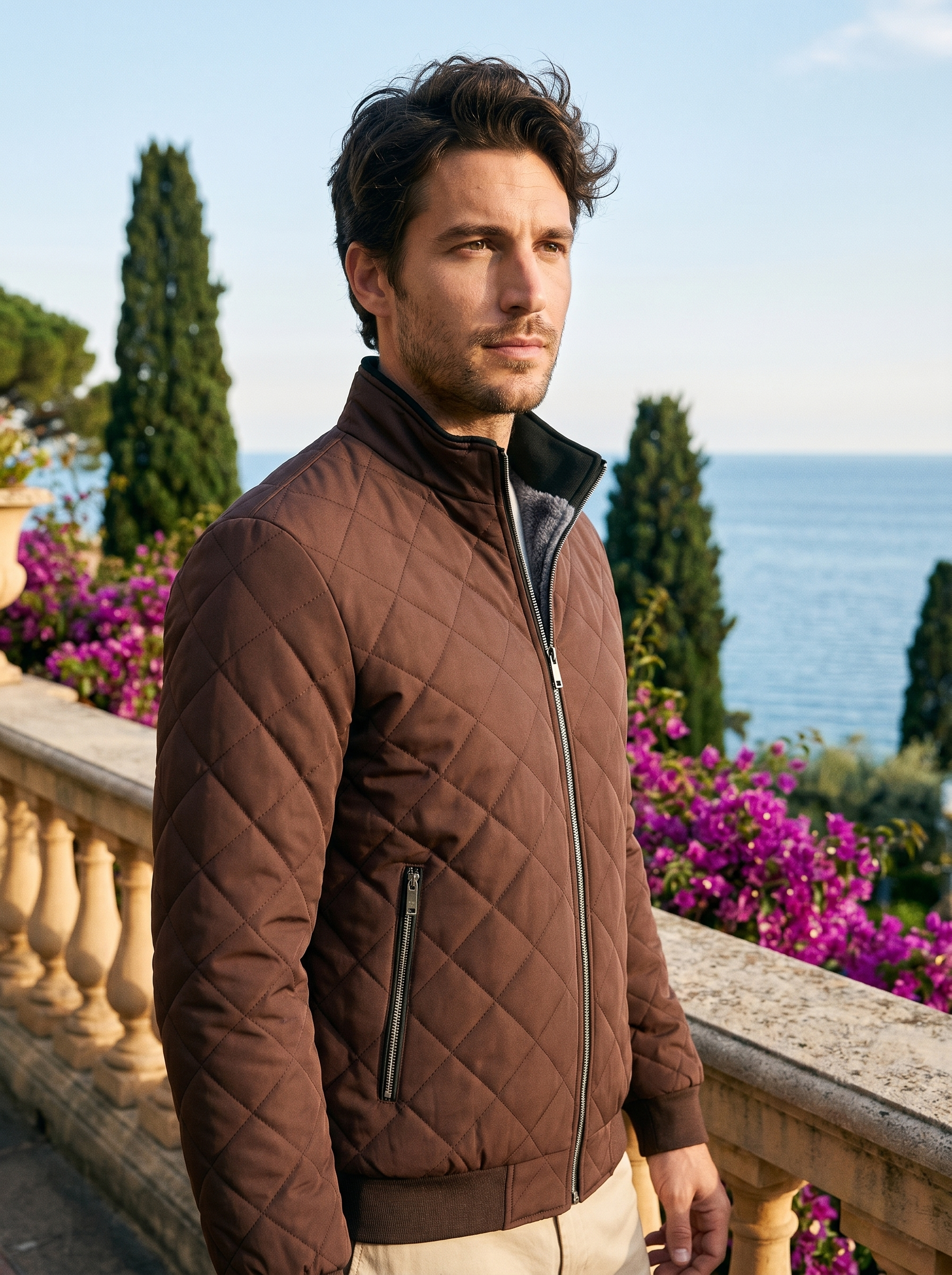 Cocoa brown fleece lined quilted jacket for men, editorial shot on a Lake Como terrace — Aveloire