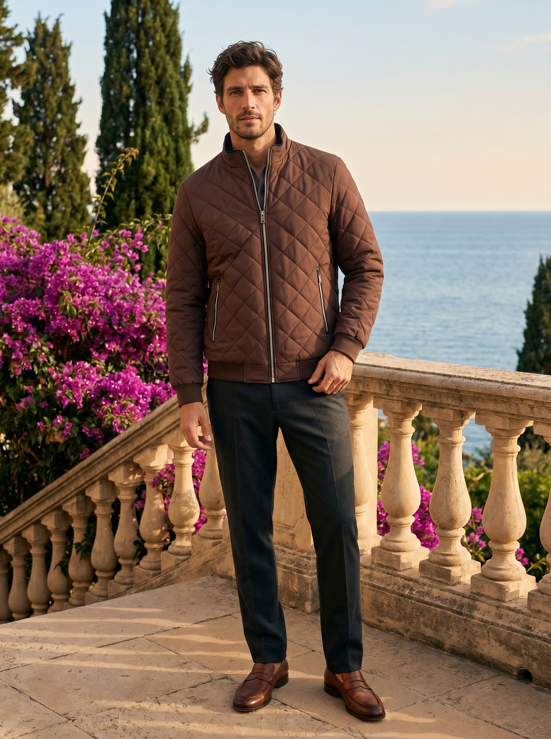 Cocoa brown fleece lined quilted jacket for men, full length view on a Lake Como terrace — Aveloire
