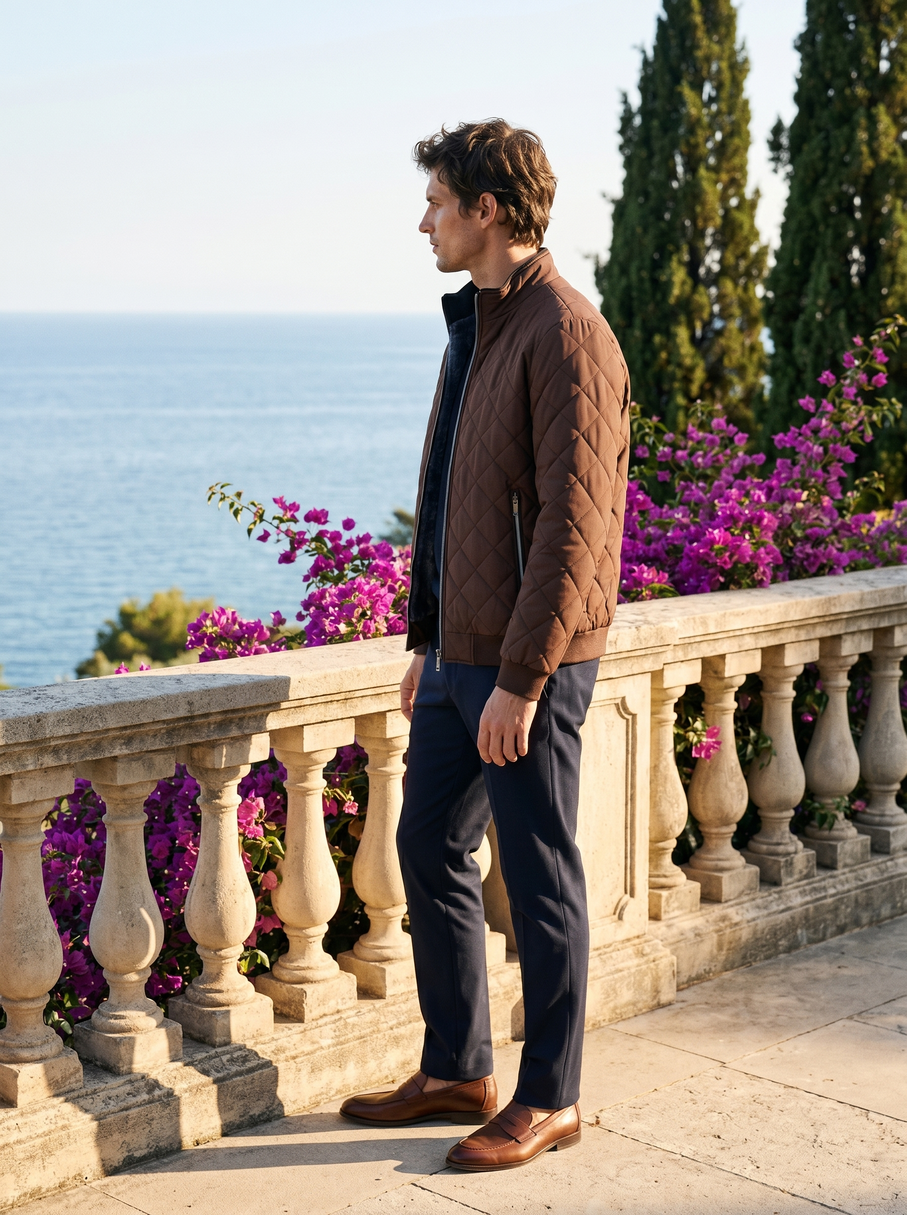 Cocoa brown fleece lined quilted jacket for men, side profile on a Lake Como terrace — Aveloire