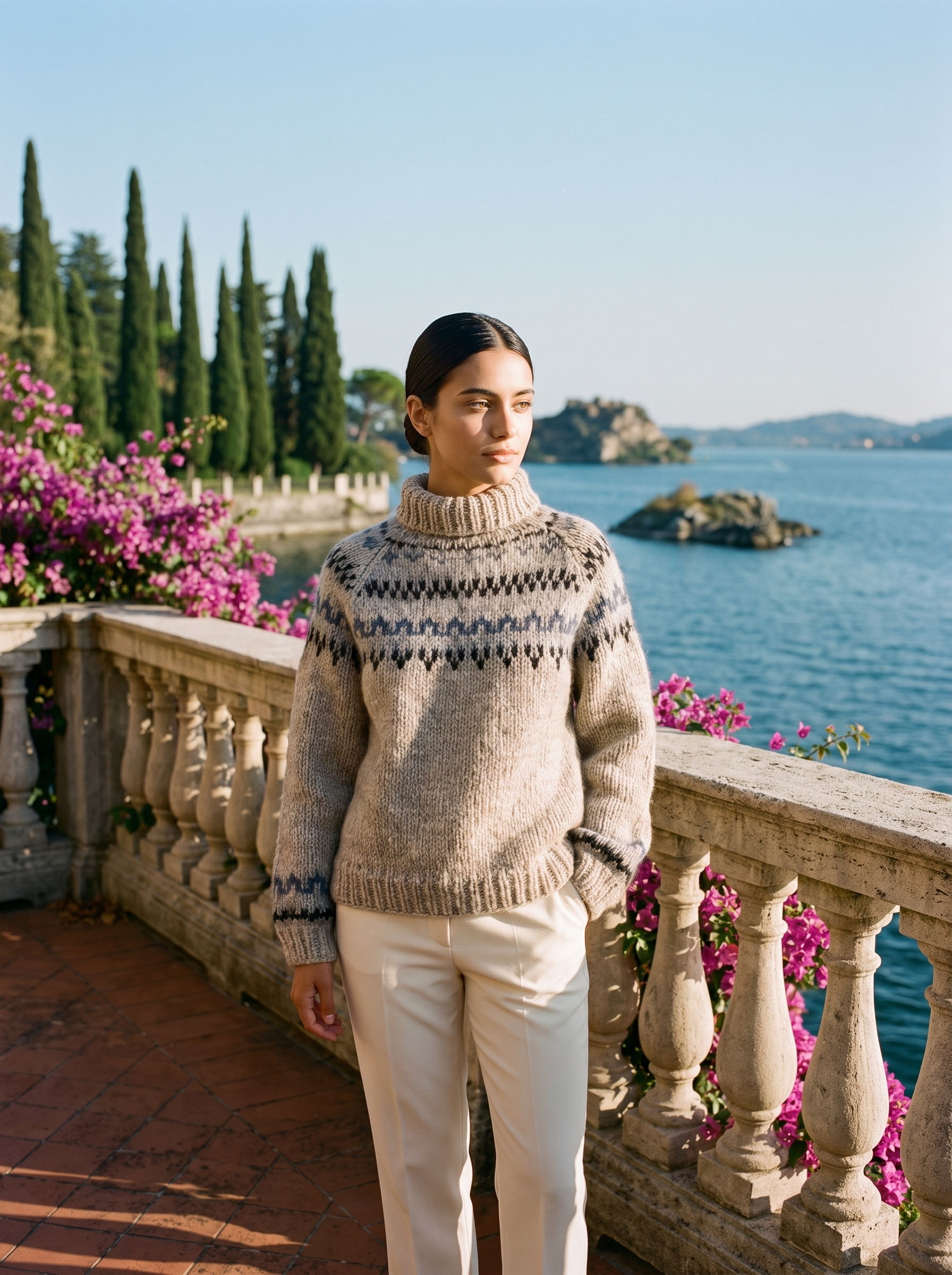 Woman in a grey Fair Isle roll-neck jumper, full-length front view on a Lake Como terrace — Aveloire