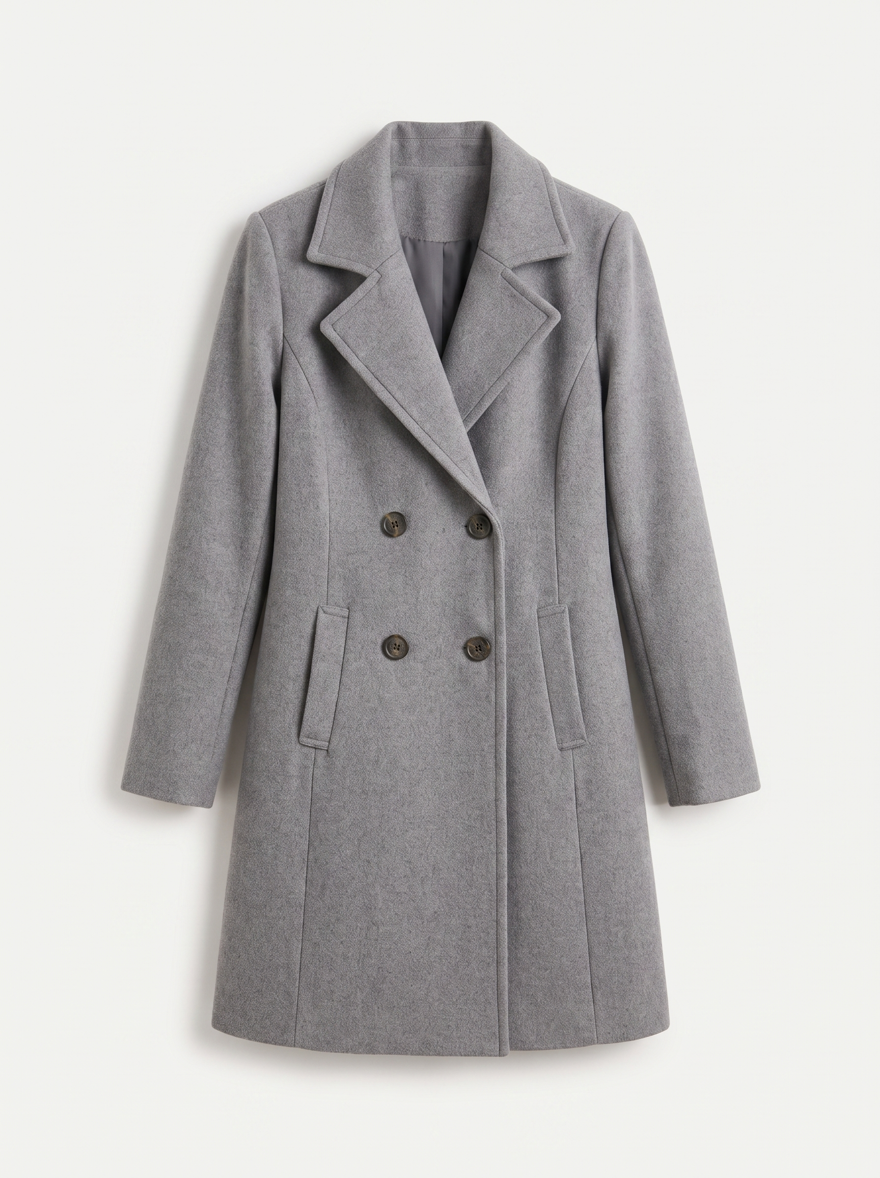 Grey double-breasted wool overcoat flat lay product photo — Celeste by Aveloire