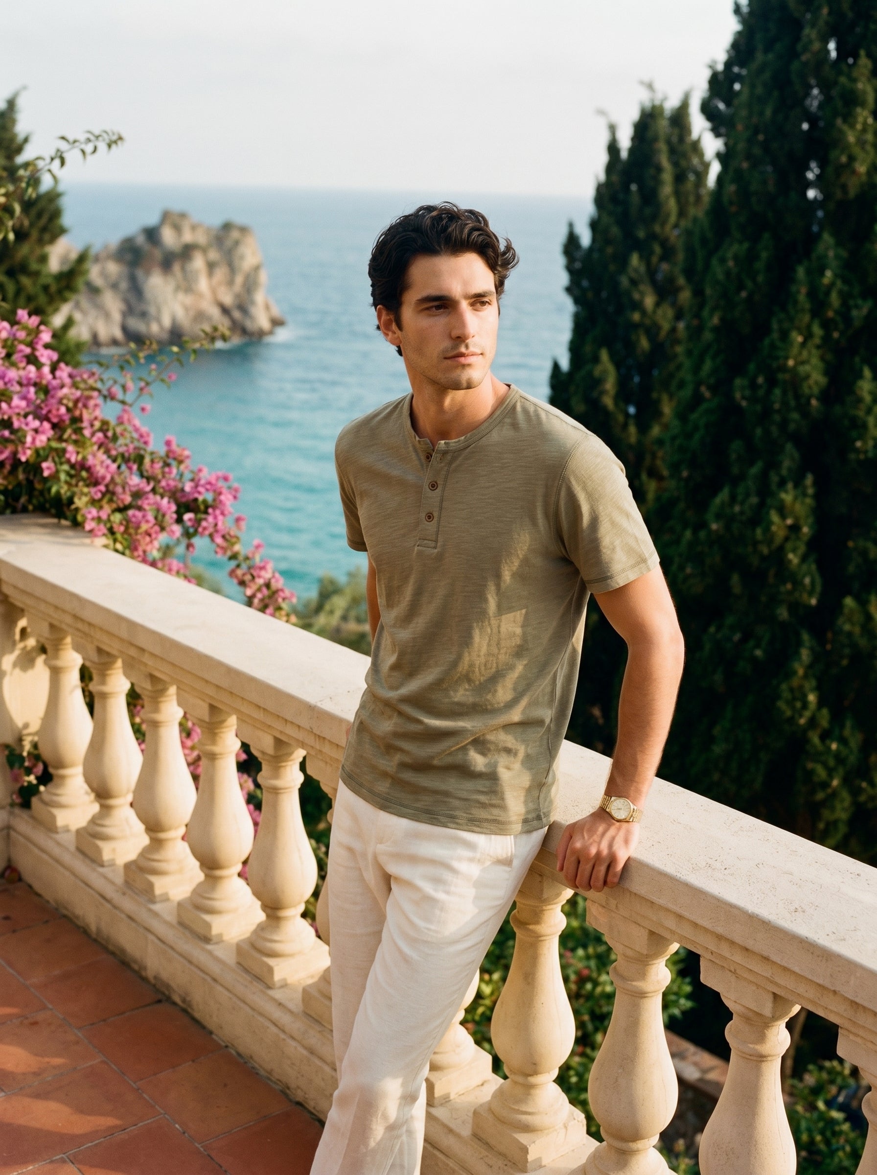 Aveloire Léopold Slub Cotton Henley in Olive — Italian Riviera editorial