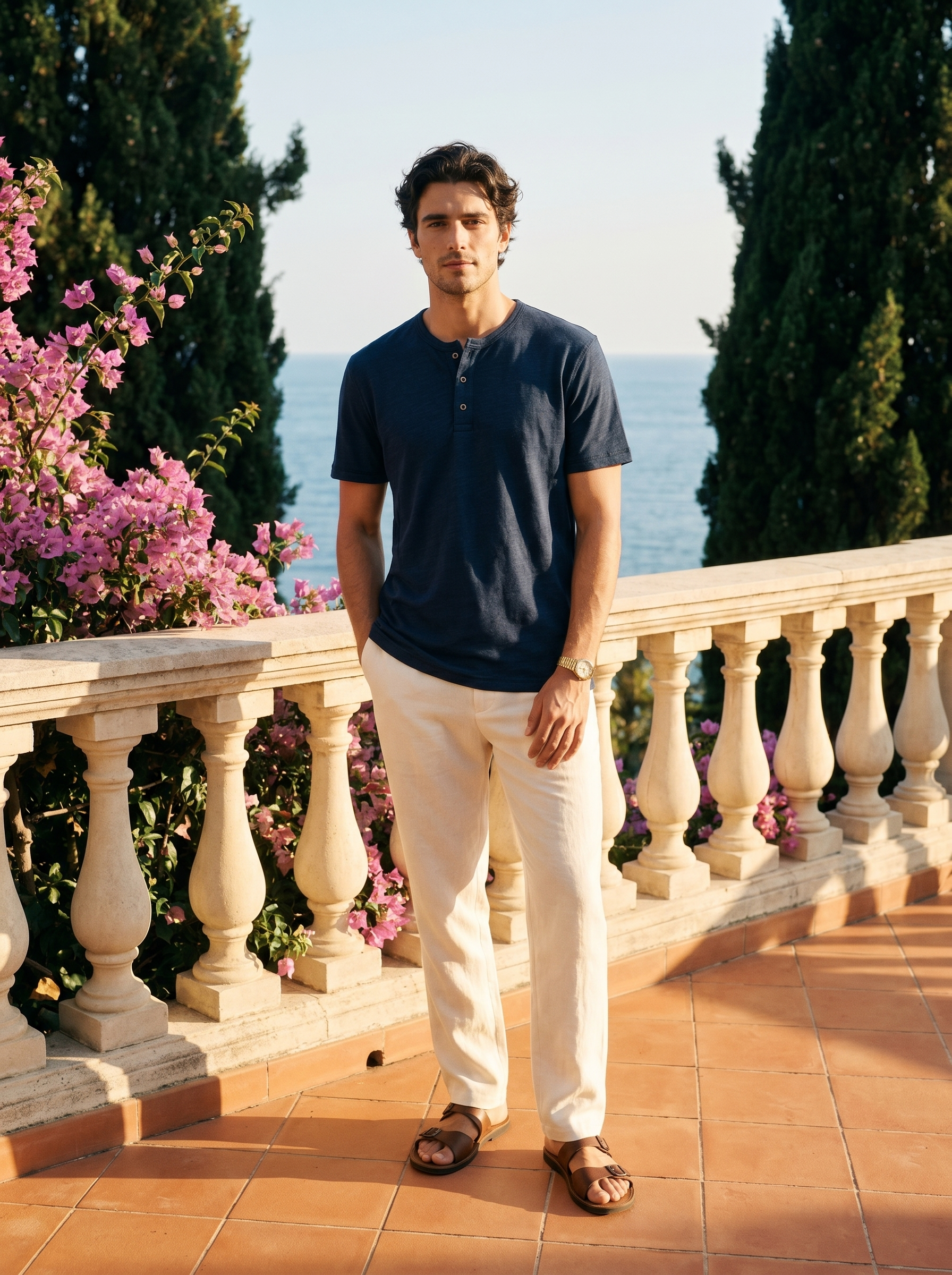 Aveloire Léopold Slub Cotton Henley in Midnight Navy — full body terrace