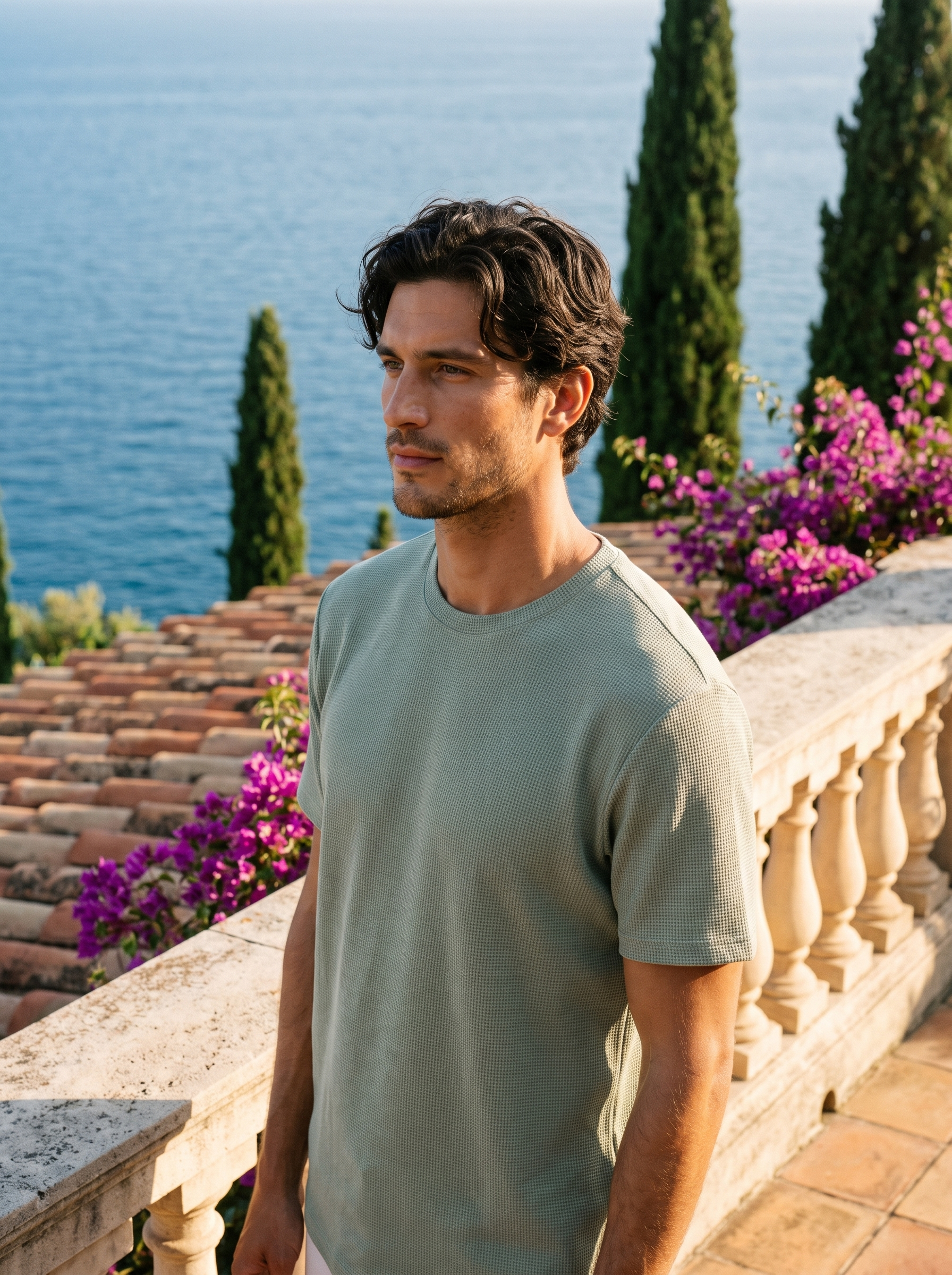 Man wearing a light green waffle knit tee on a balcony overlooking Lake Como, old money style — Aveloire
