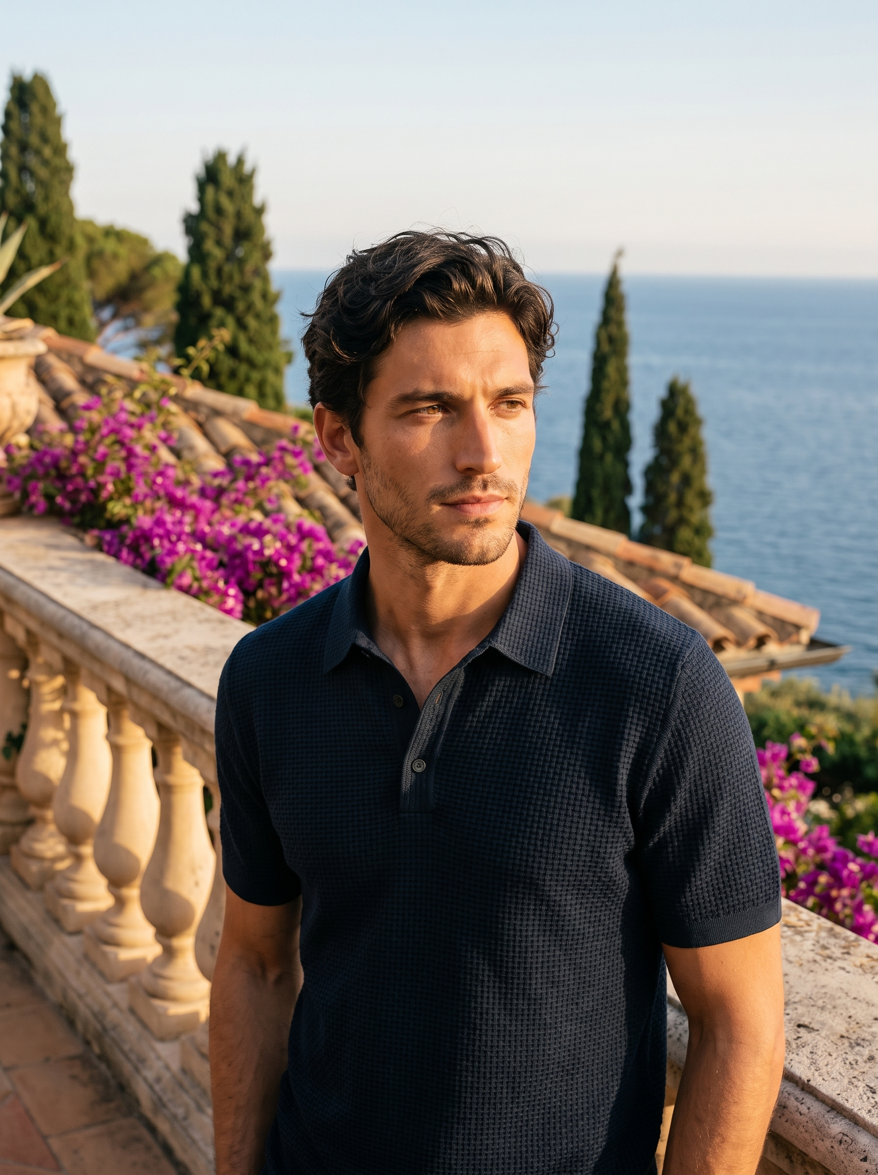 Man wearing a navy basketweave knit polo on a balcony overlooking Lake Como, old money style — Aveloire
