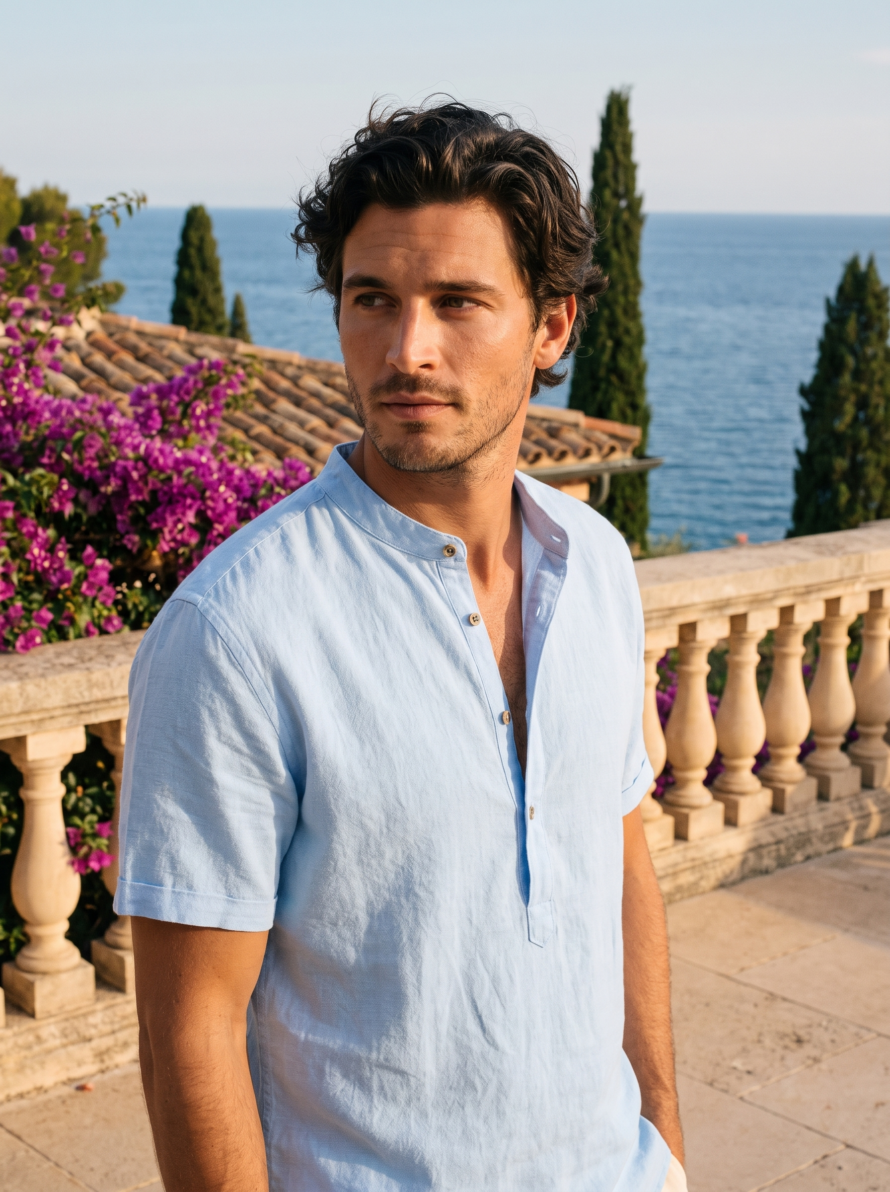 Man wearing a sky blue band-collar linen shirt on a balcony overlooking Lake Como, old money style — Aveloire