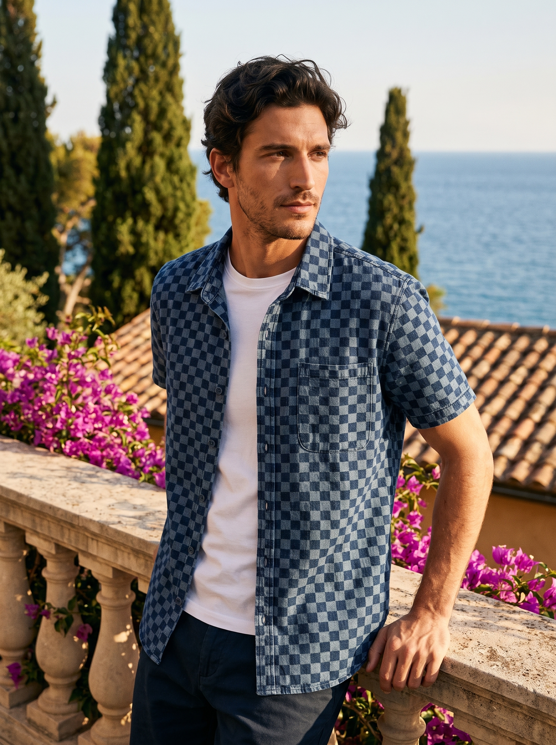Man wearing a navy checkerboard denim shirt on a balcony overlooking Lake Como, old money style — Aveloire