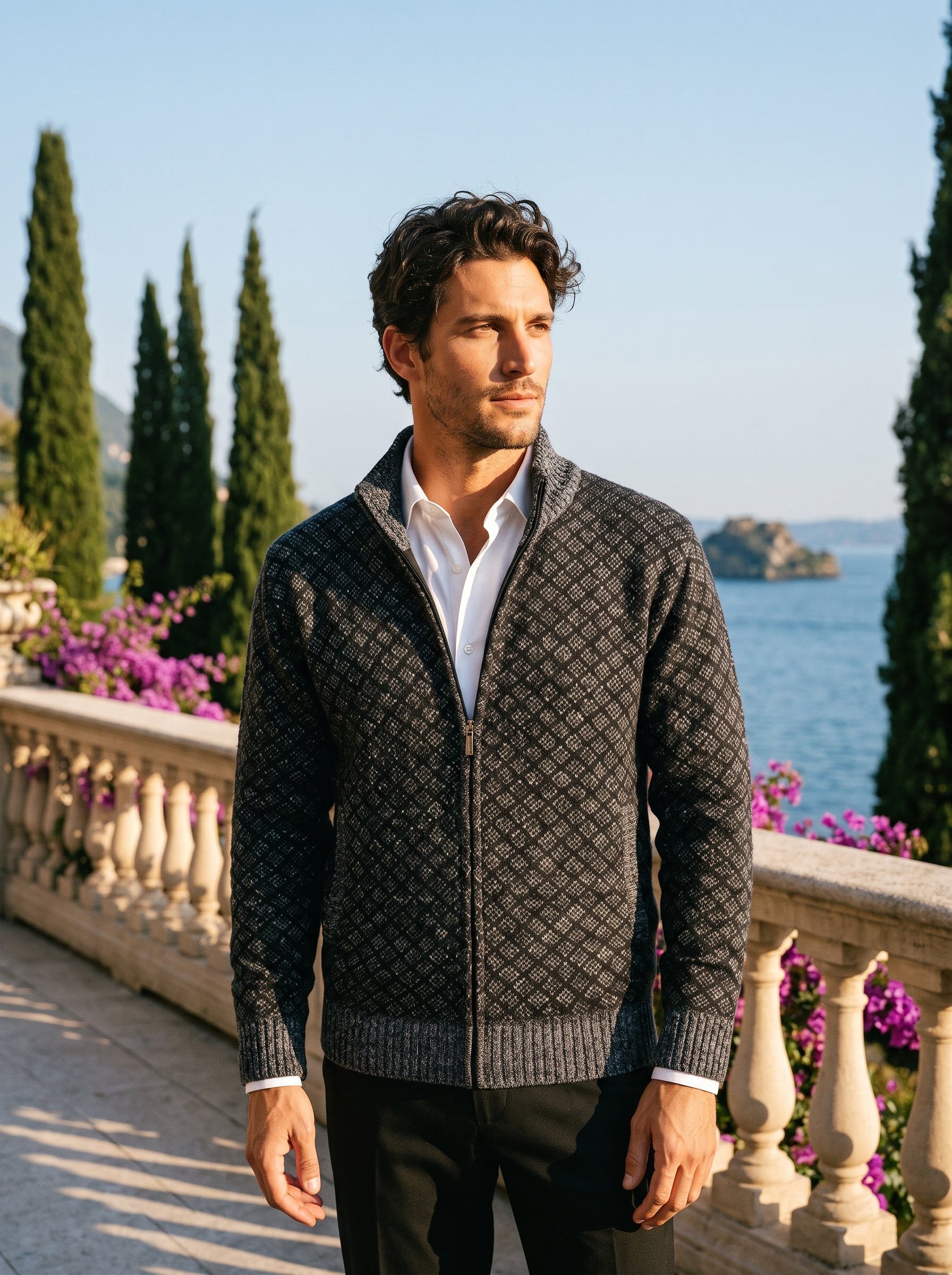 Man wearing a dark gray full-zip stand collar cardigan on a terrace overlooking Lake Como, old money style — Aveloire