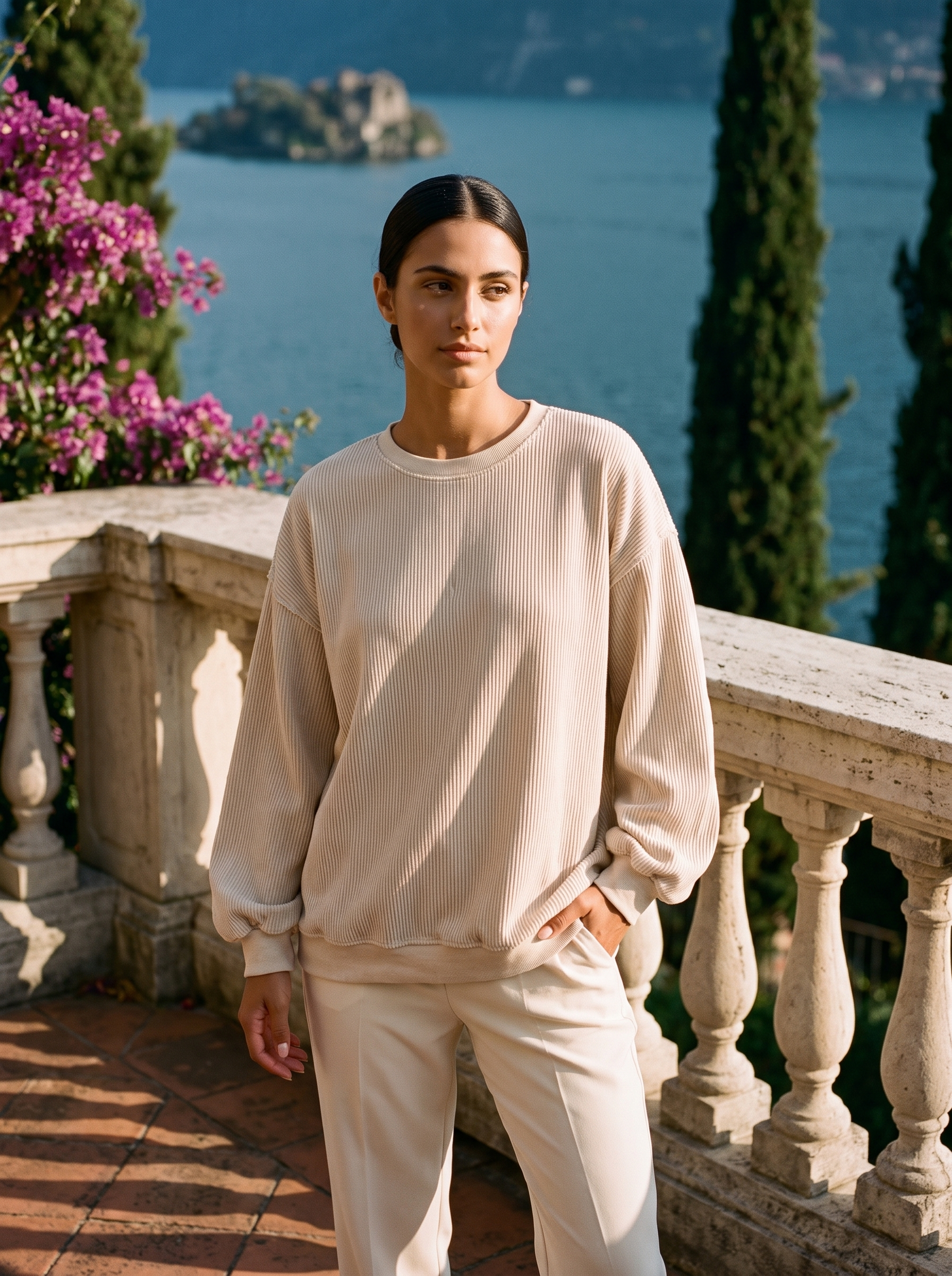 Full-length view of a cream corded oversized sweatshirt on a Lake Como terrace — Aveloire