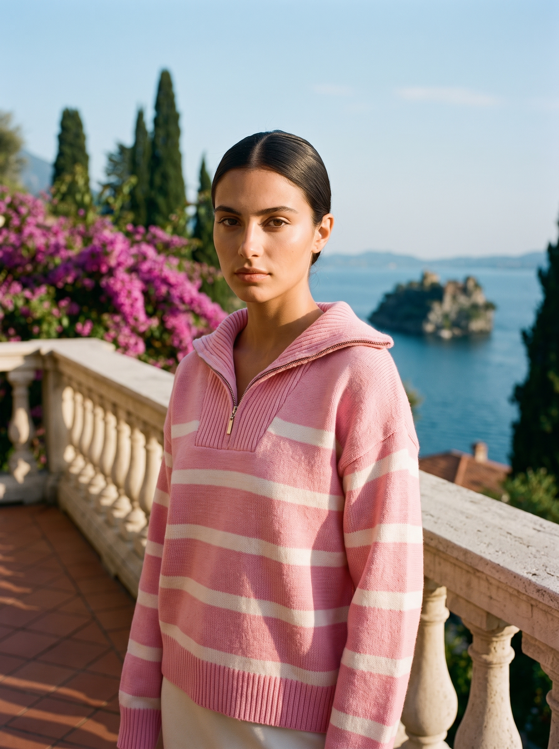 Woman wearing a rose pink and cream striped quarter-zip polo sweater on a Lake Como terrace — Aveloire