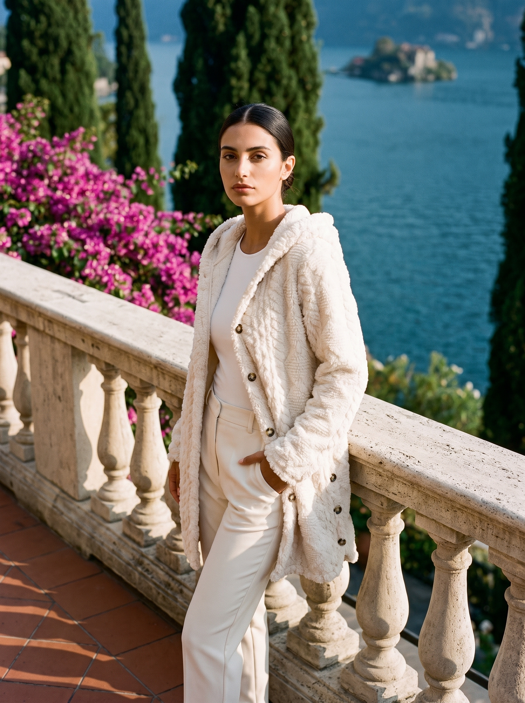 Full-length front view of an ivory plush hooded longline cardigan on a Lake Como terrace — Aveloire