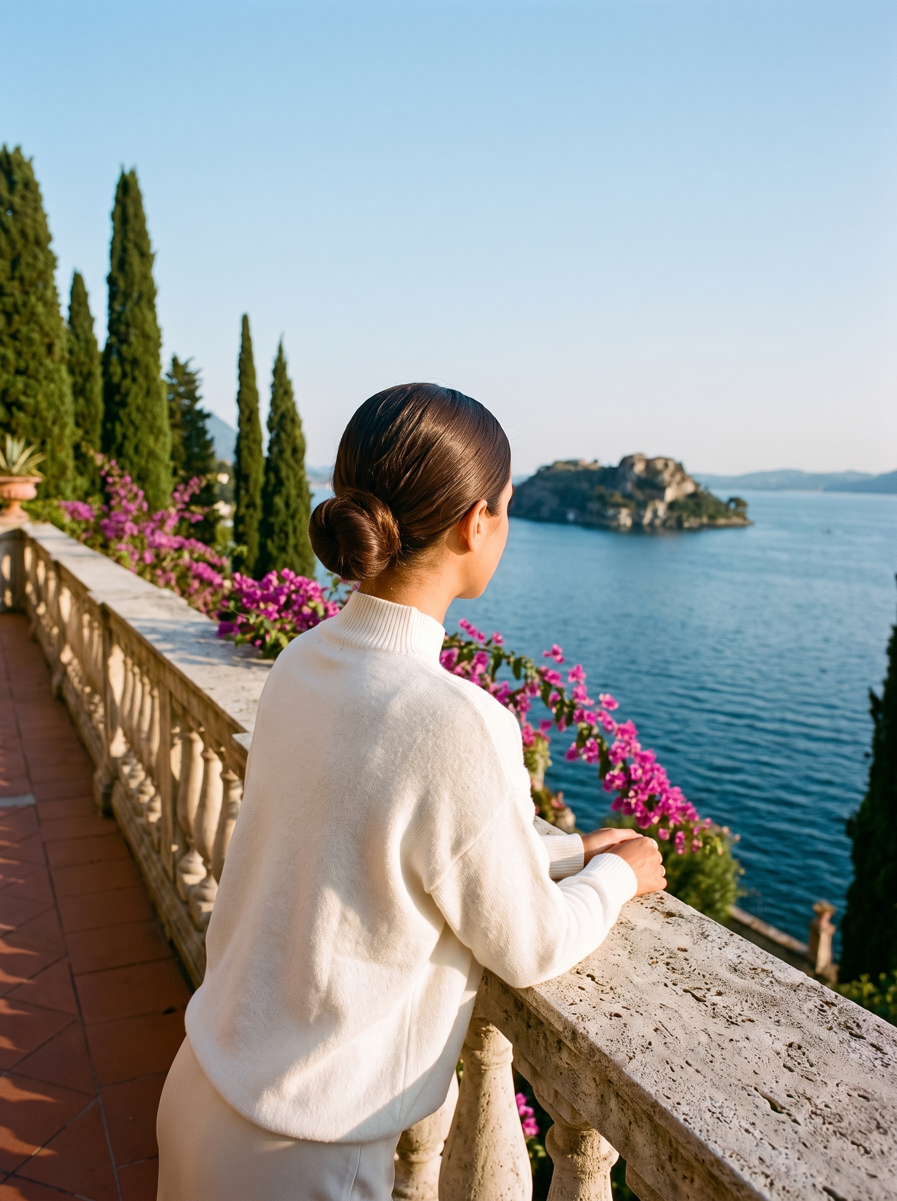 Back view of an ivory mock-neck jumper on a Lake Como terrace — Aveloire