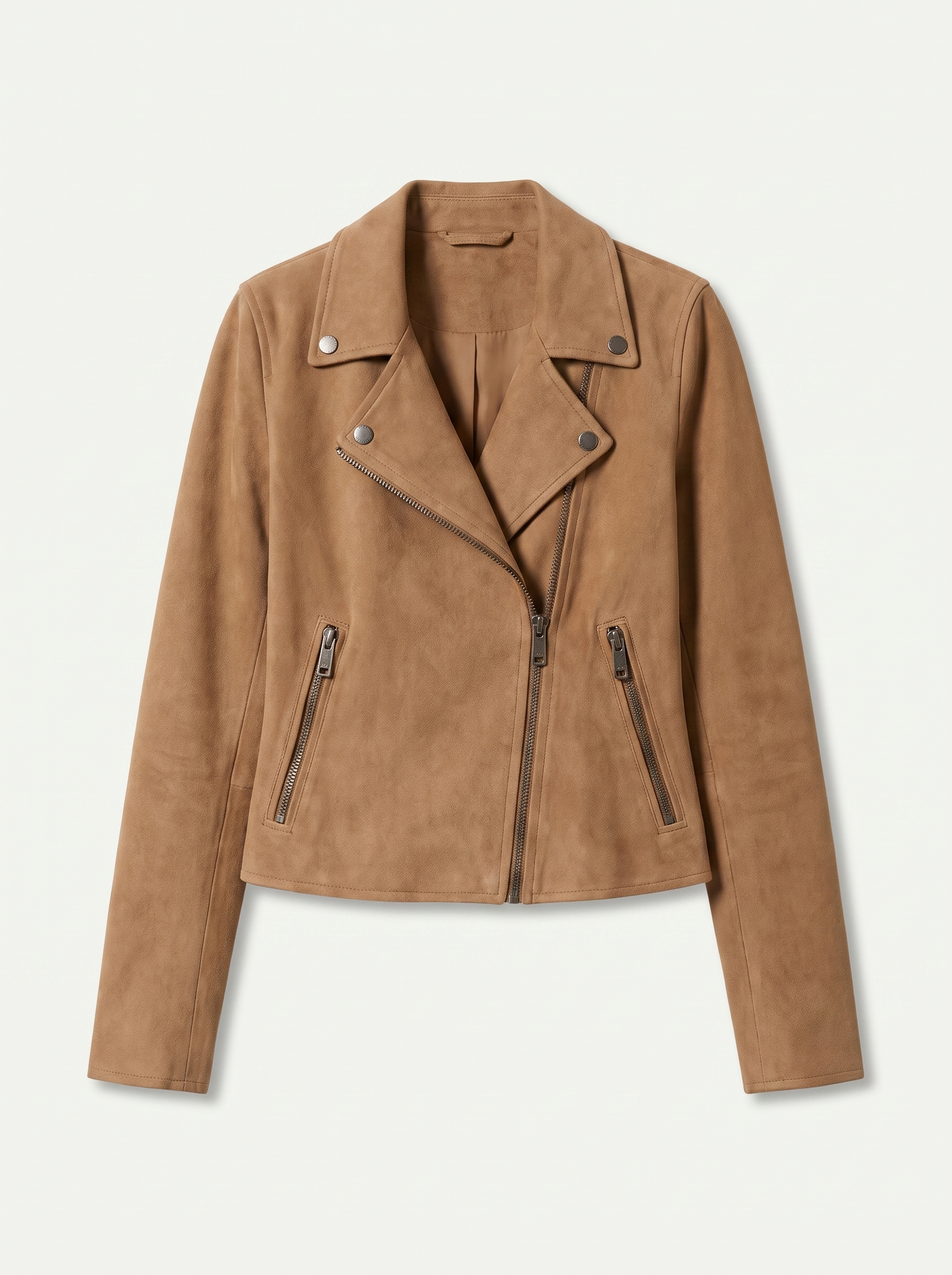 Tan suede jacket for women, moto biker flat lay — Aveloire