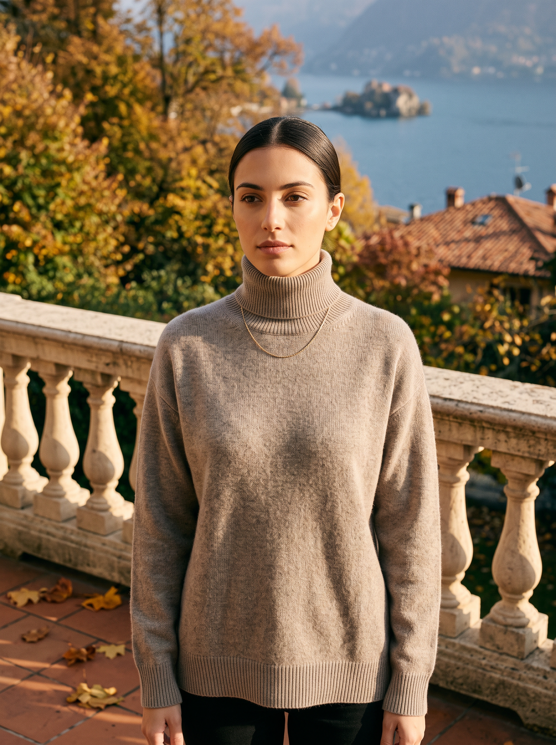 Woman wearing a taupe women's turtleneck sweater by Lake Como - Aveloire