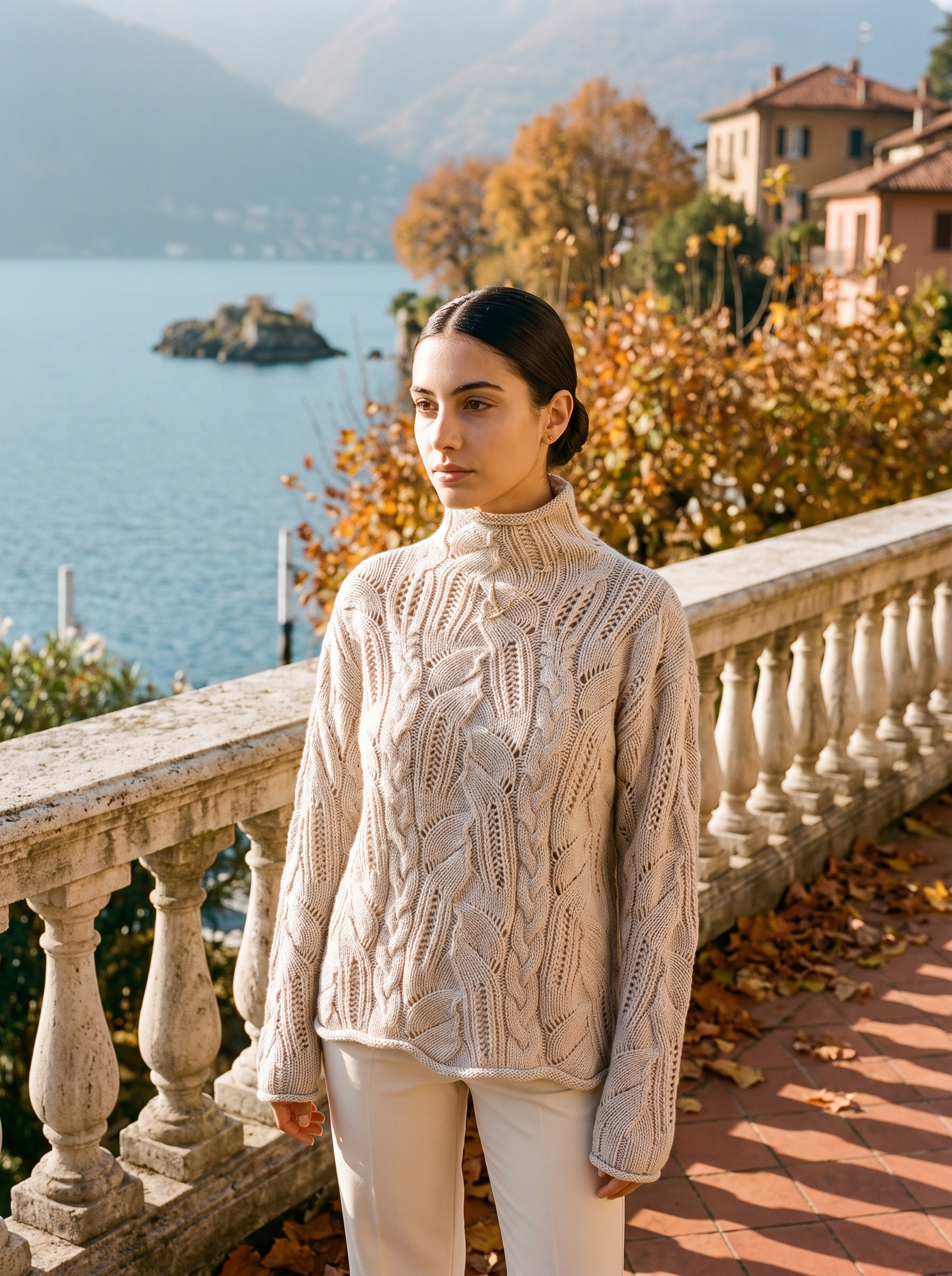 Woman wearing a beige pointelle openwork turtleneck sweater by Lake Como — Aveloire