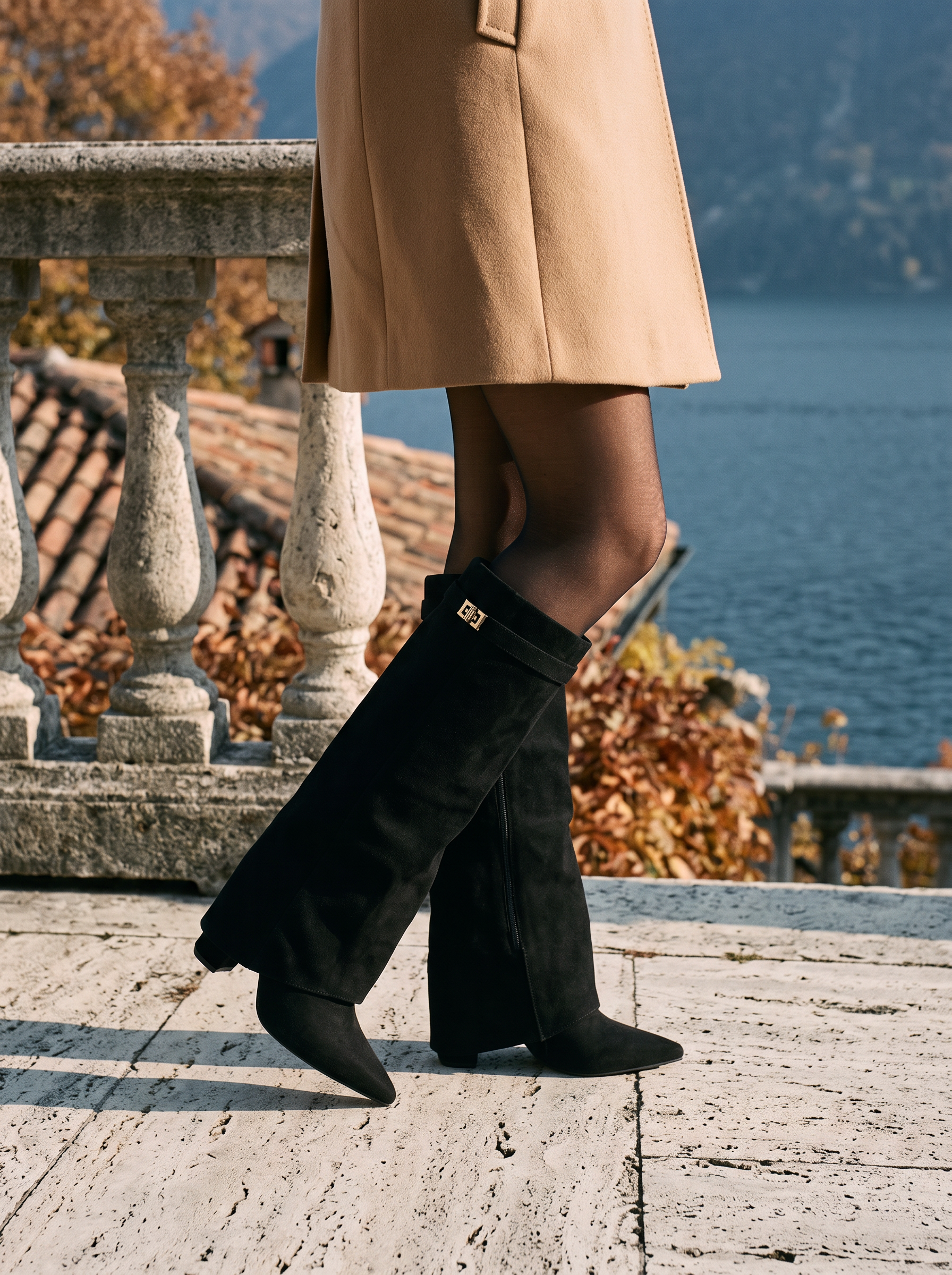 Black suede knee high boots for women, pointed toe wedge on a Lake Como terrace — Aveloire