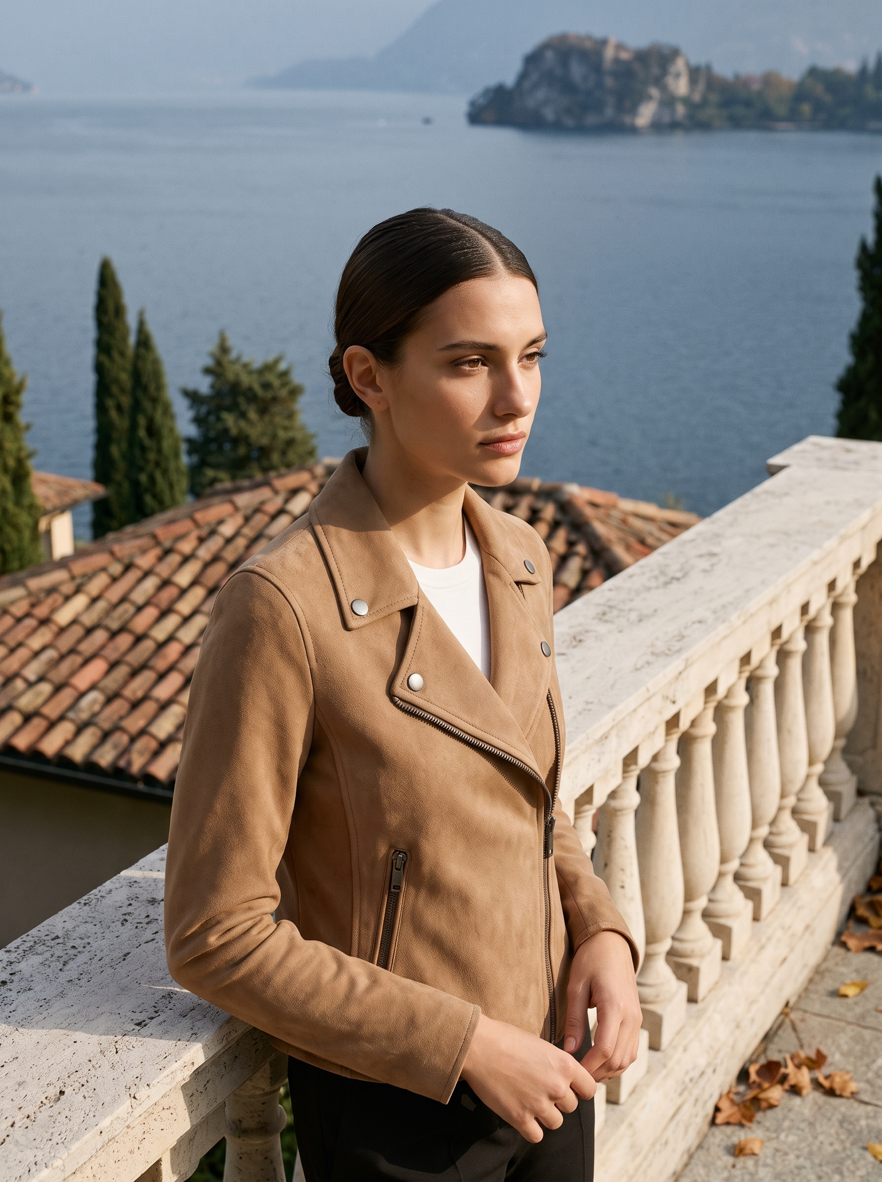 Tan suede jacket for women, cropped moto biker worn on a Lake Como terrace — Aveloire