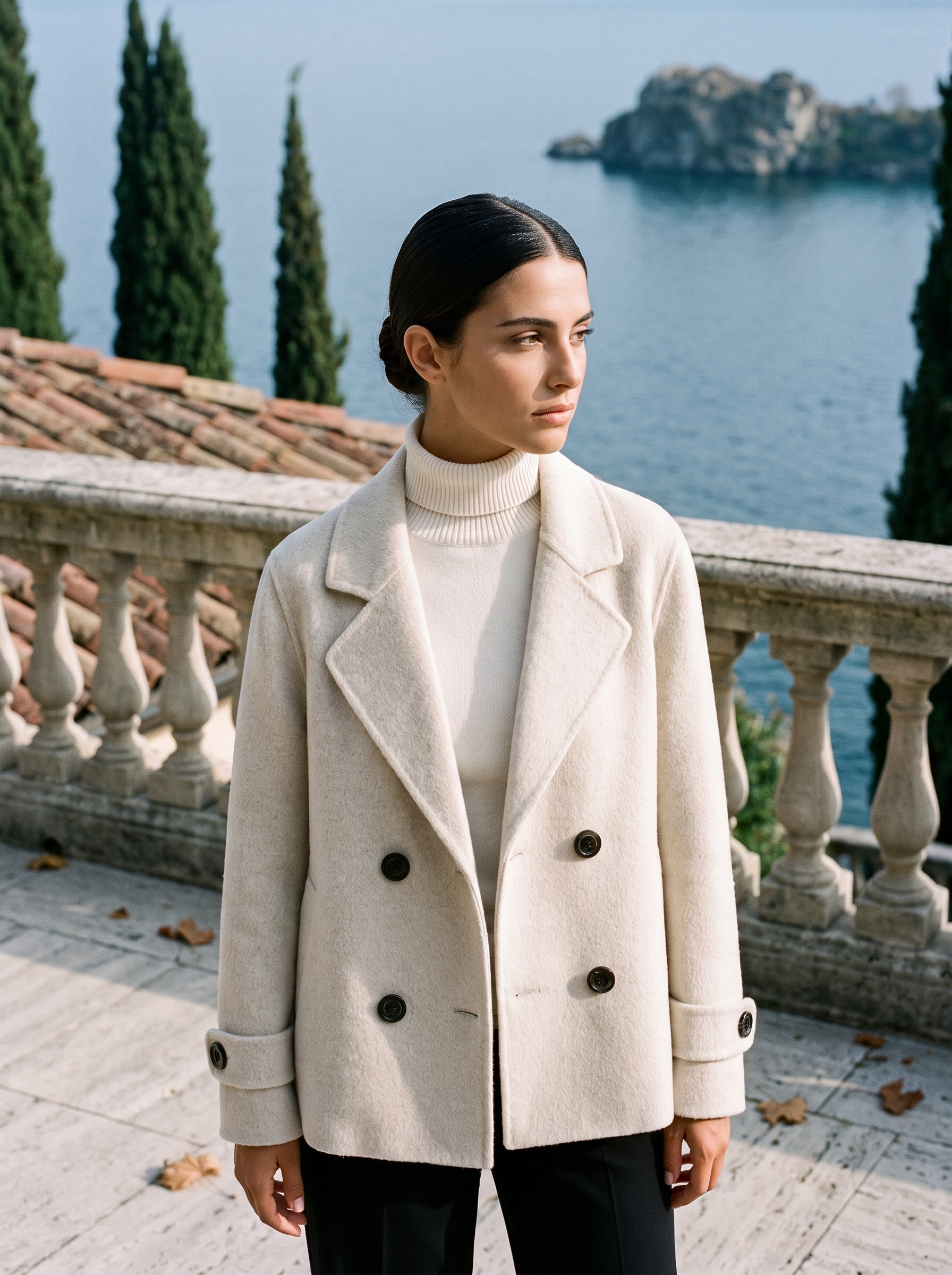 Cream ladies overcoat, double breasted, worn on a Lake Como terrace — Aveloire