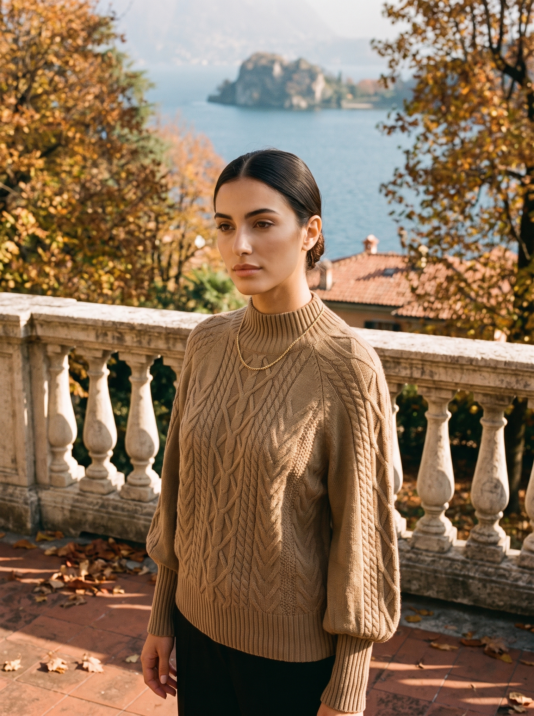 Woman wearing a khaki cable knit mock neck sweater by Lake Como — Aveloire