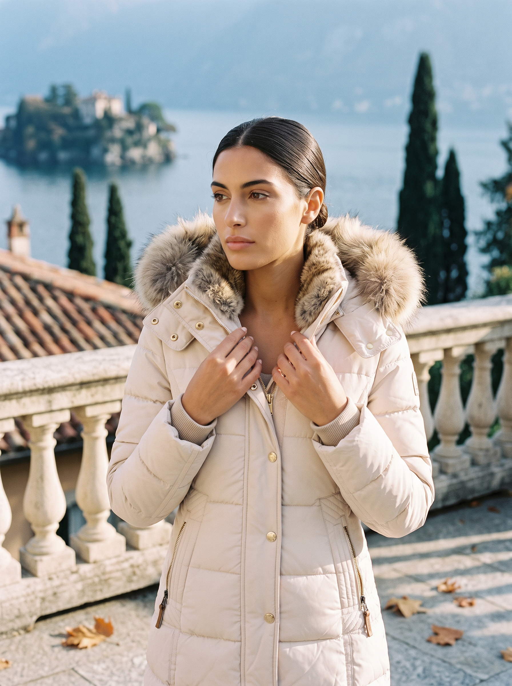 Cream long puffer coat for women, worn on a Lake Como terrace — Aveloire