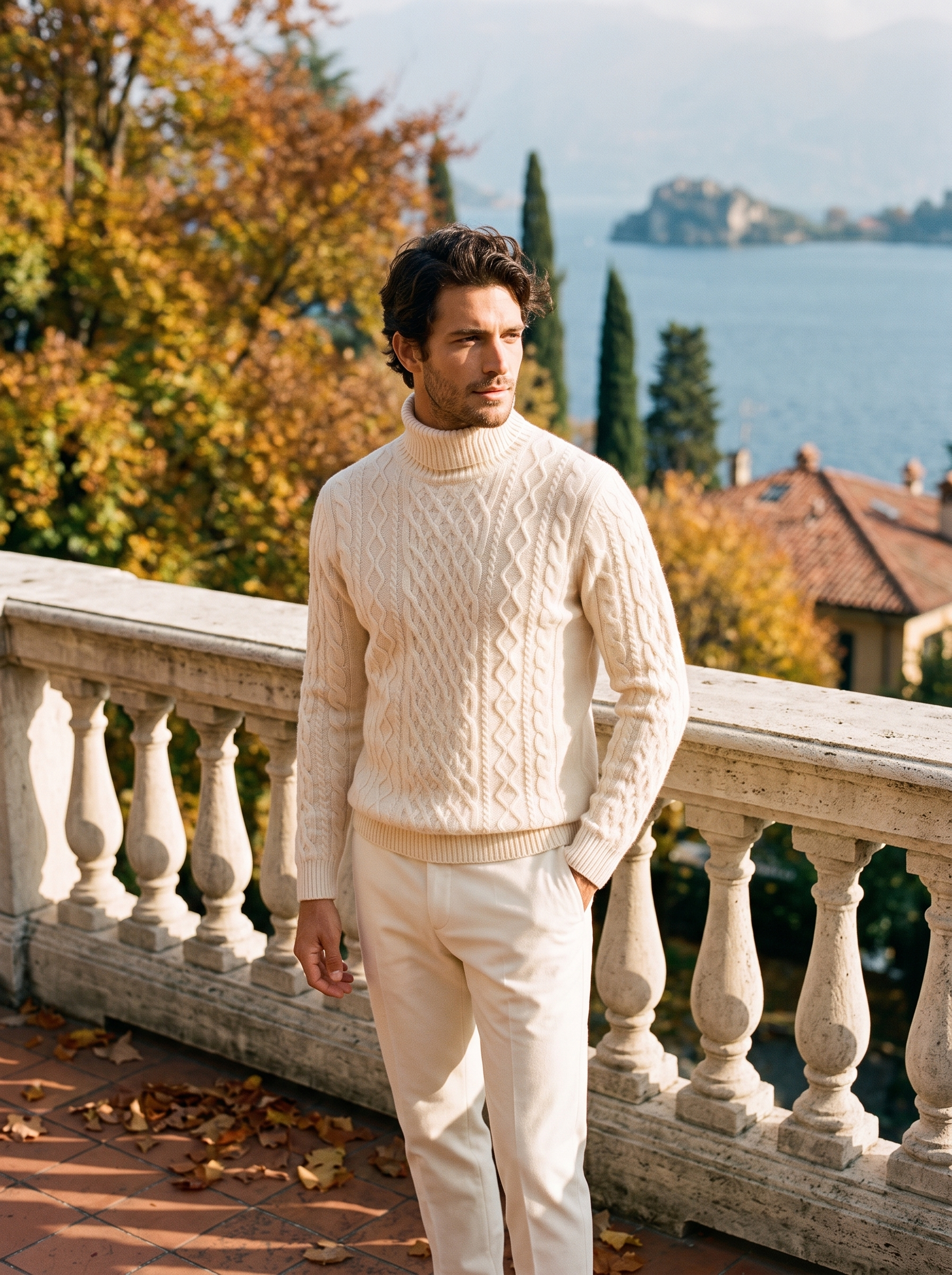 Cream wool cable knit turtleneck sweater on model, full front view — Aveloire