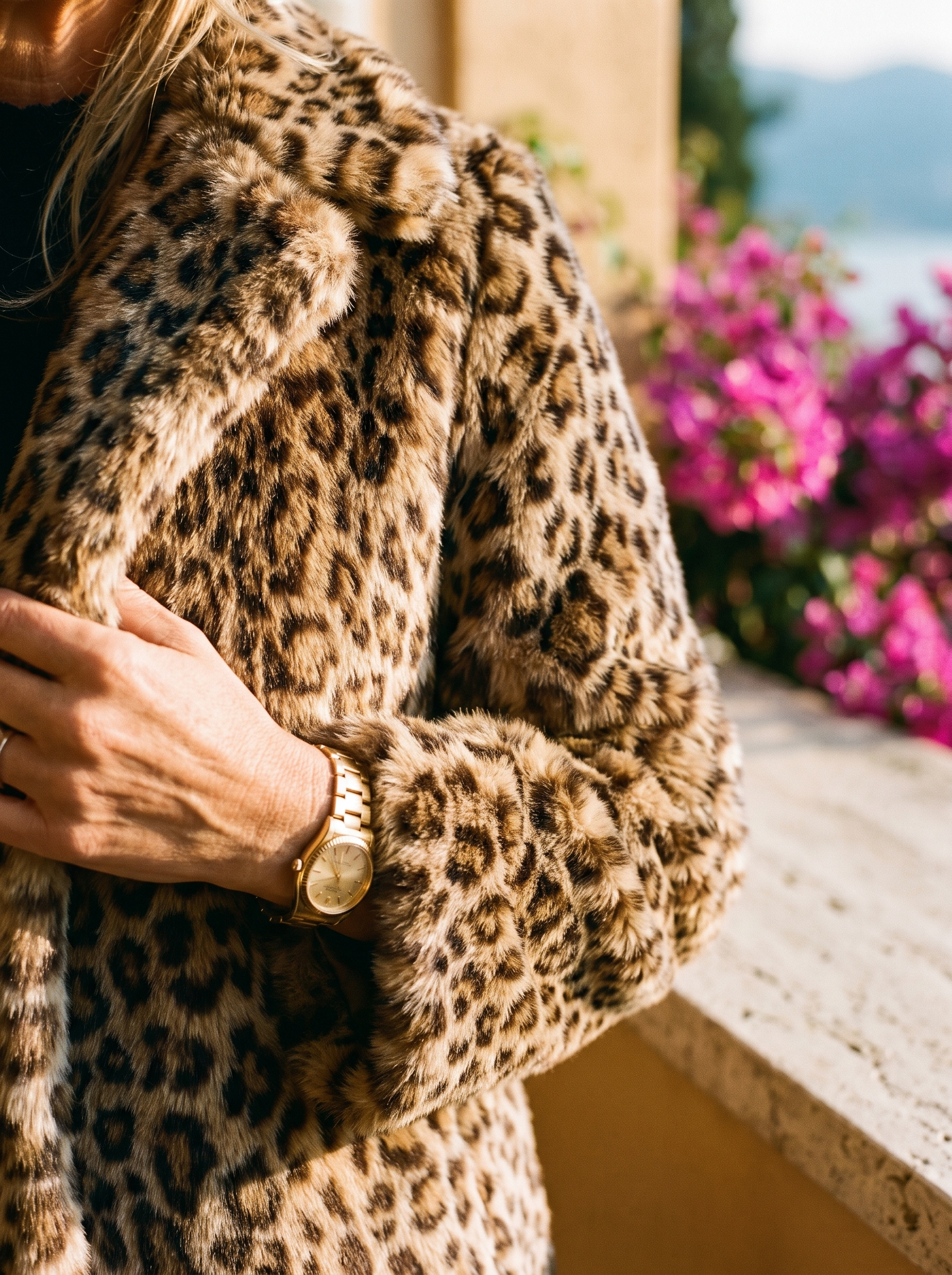 Leopard print faux fur coat texture and pattern detail