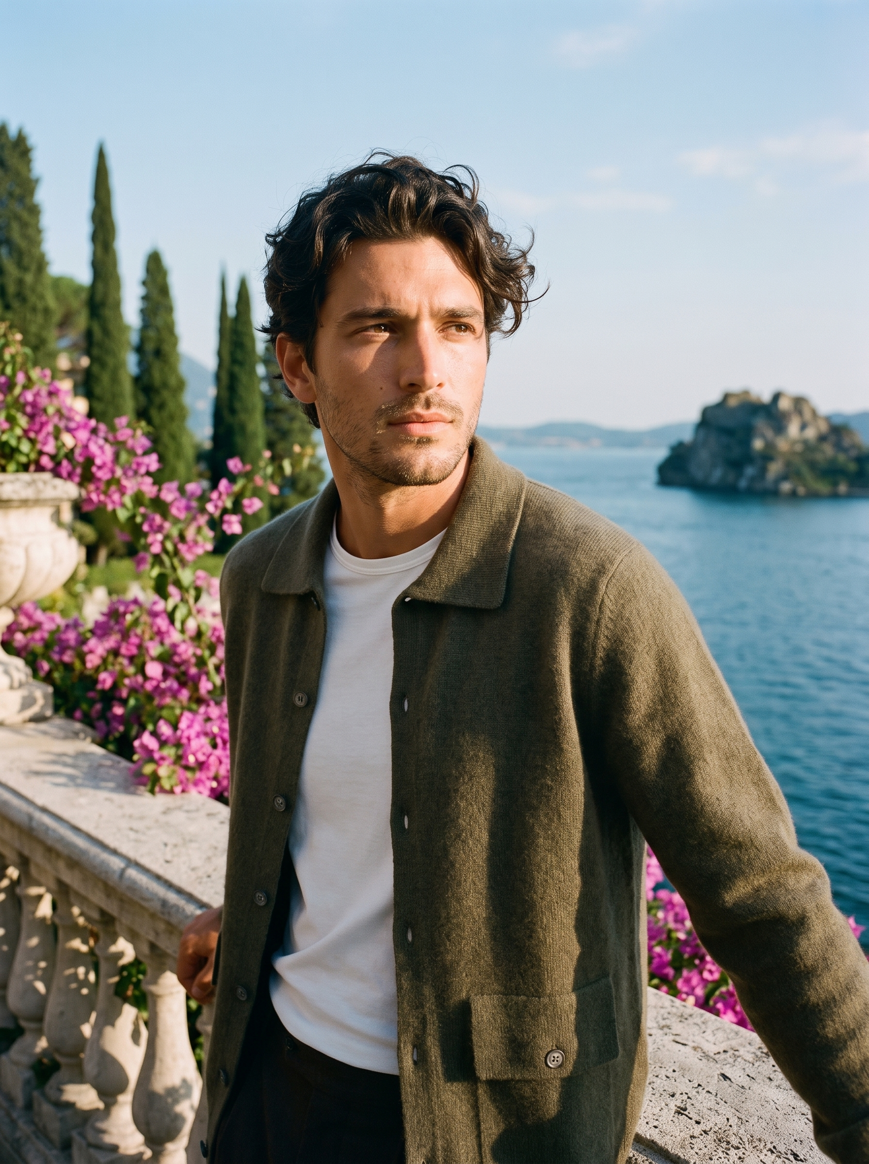 Man wearing an army green 100% cashmere collared cardigan on a terrace overlooking Lake Como, old money style — Aveloire