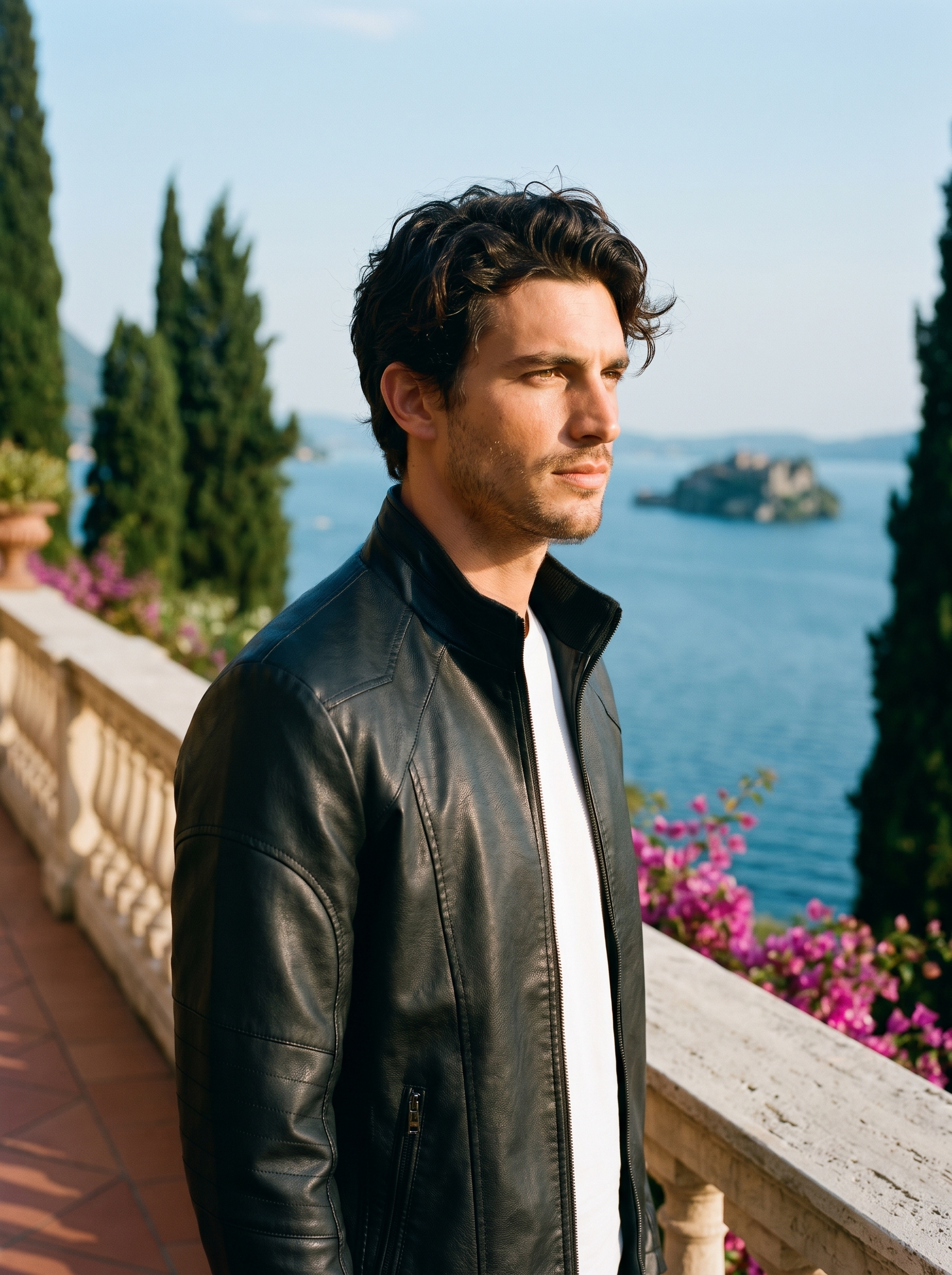Man wearing black full zip jacket on a Lake Como terrace — Aveloire