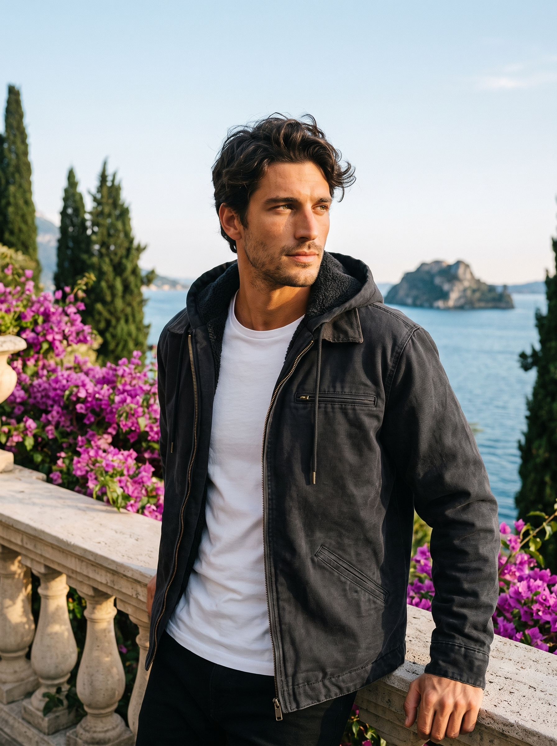Man wearing a black hooded canvas jacket on a terrace overlooking Lake Como, old money style — Aveloire