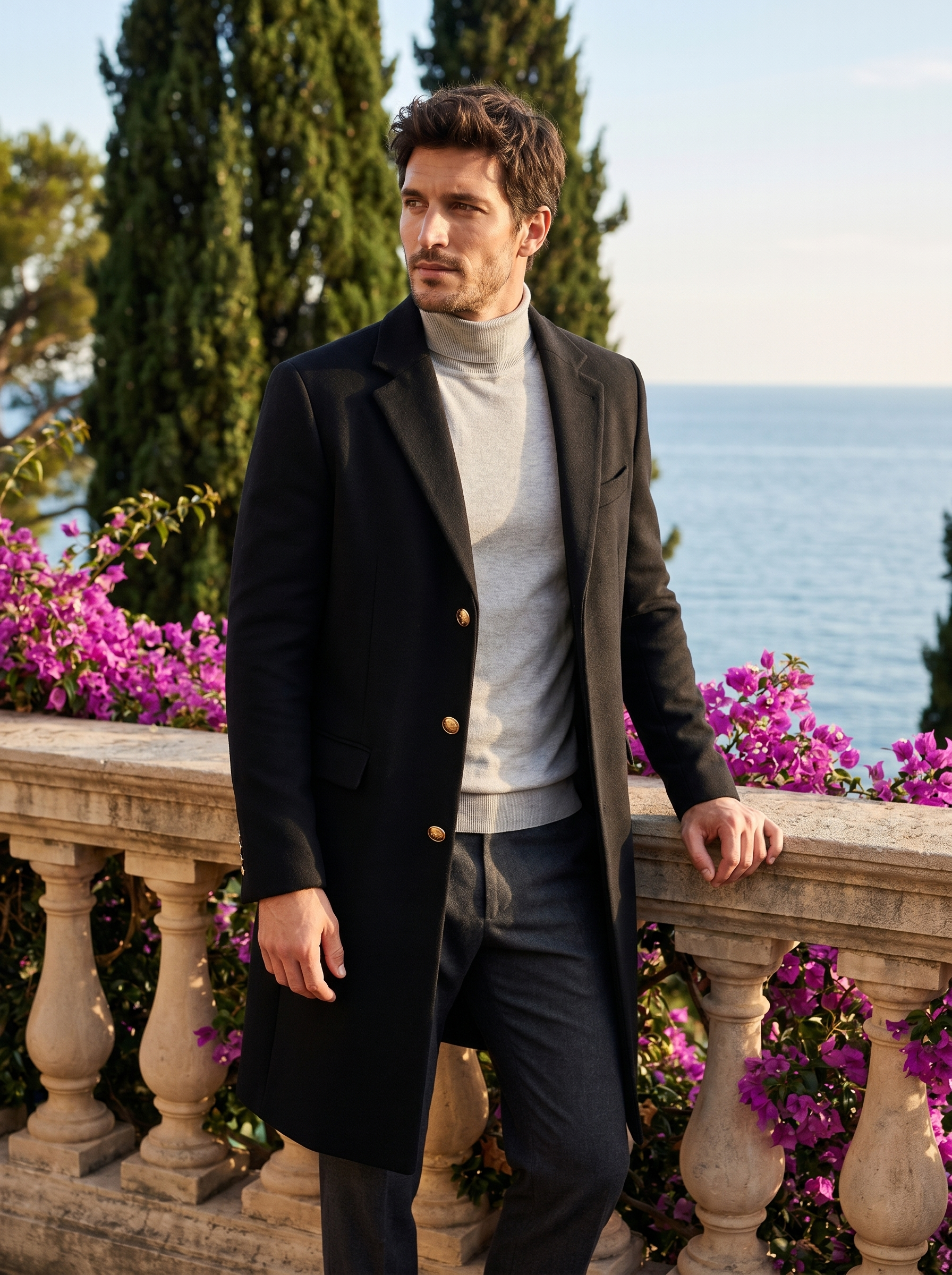 Black single breasted overcoat for men, worn on a Lake Como terrace — Aveloire