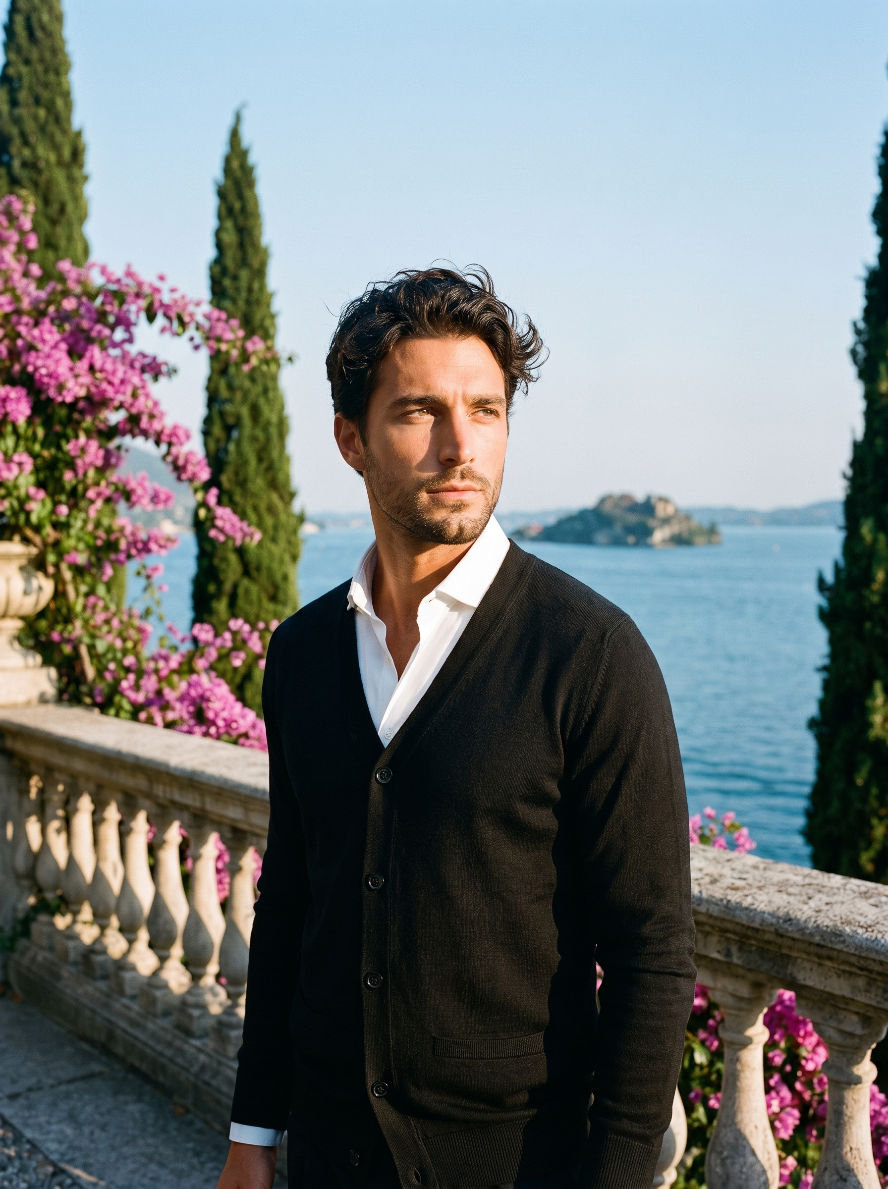 Man wearing a black V-neck button cardigan on a terrace overlooking Lake Como, old money style — Aveloire