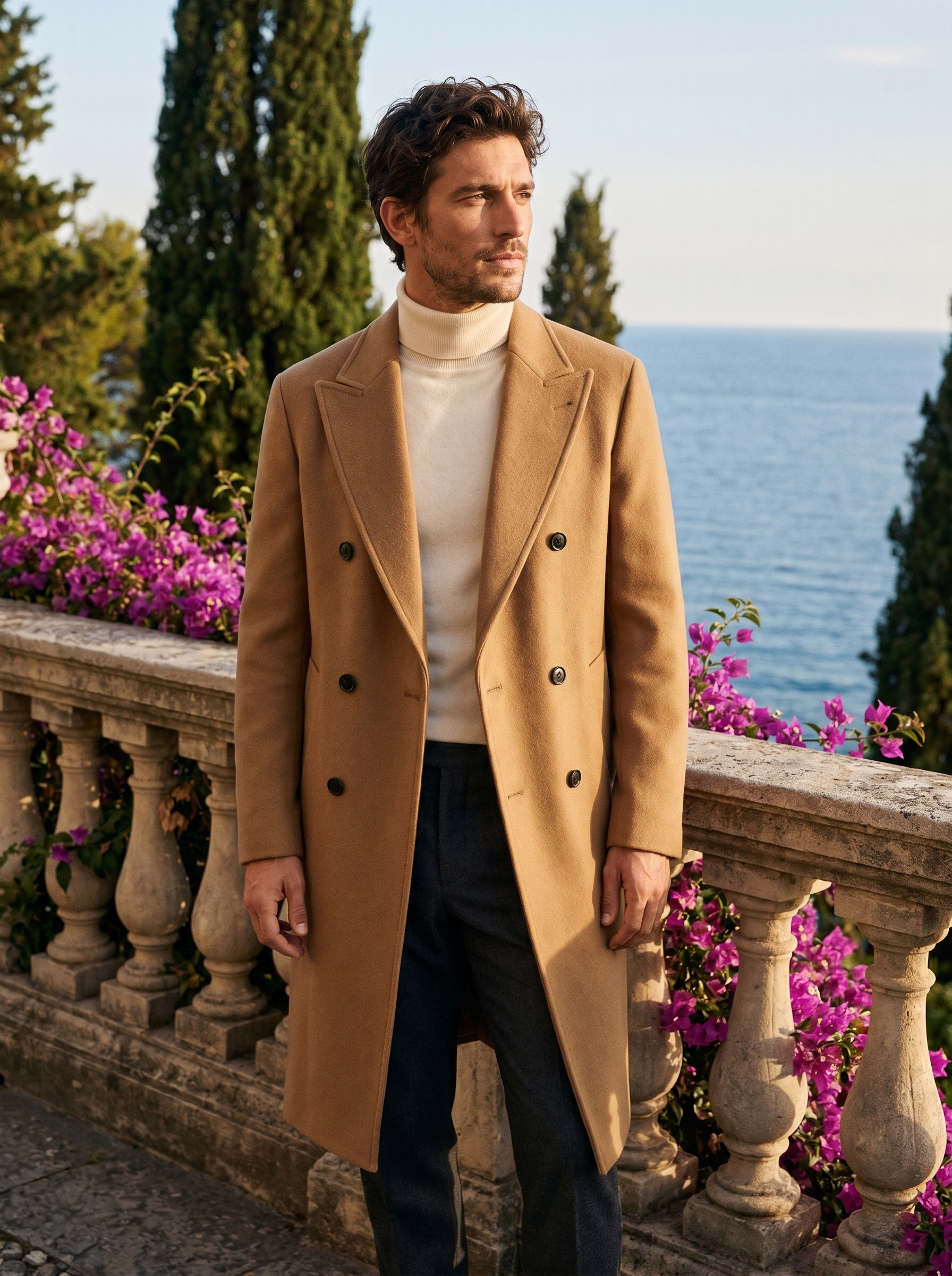 Camel double breasted wool coat for men, worn on a Lake Como terrace — Aveloire