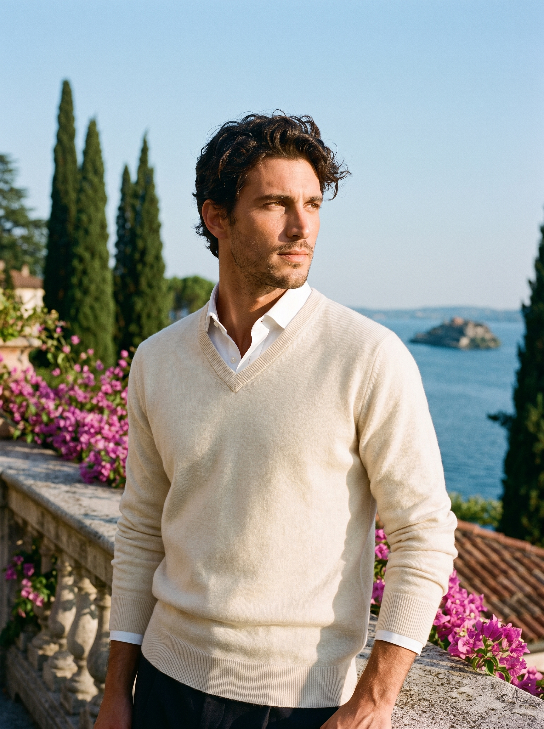 Man wearing a cream wool V-neck sweater over a white shirt on a terrace overlooking Lake Como — Aveloire
