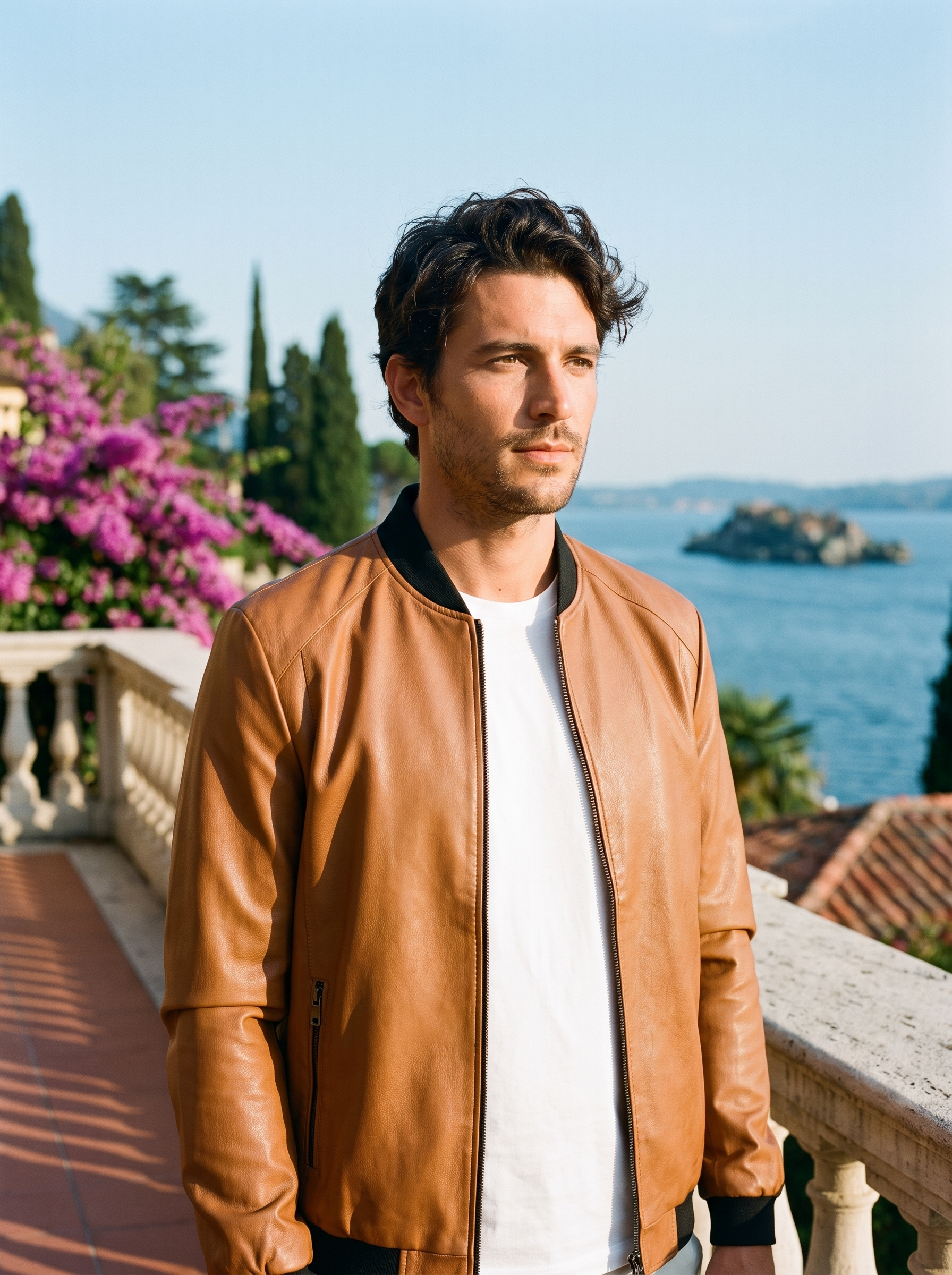 Man wearing khaki leather bomber jacket on a Lake Como terrace — Aveloire