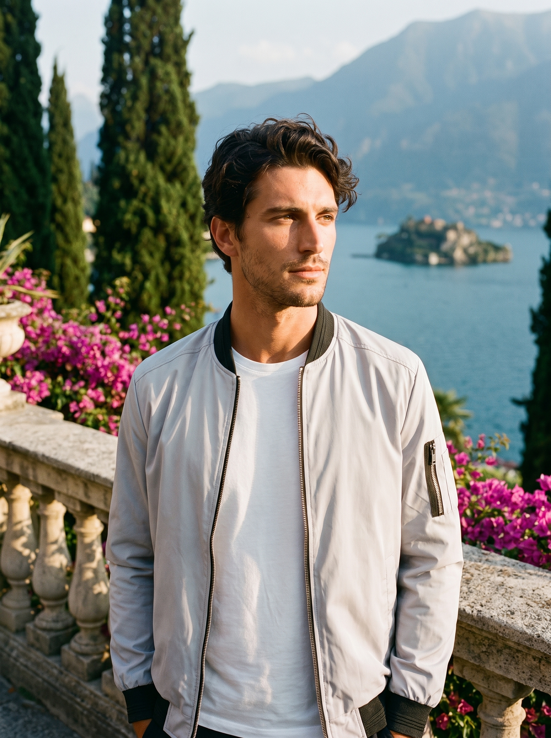 Man wearing a light grey bomber jacket on a terrace overlooking Lake Como, old money style — Aveloire